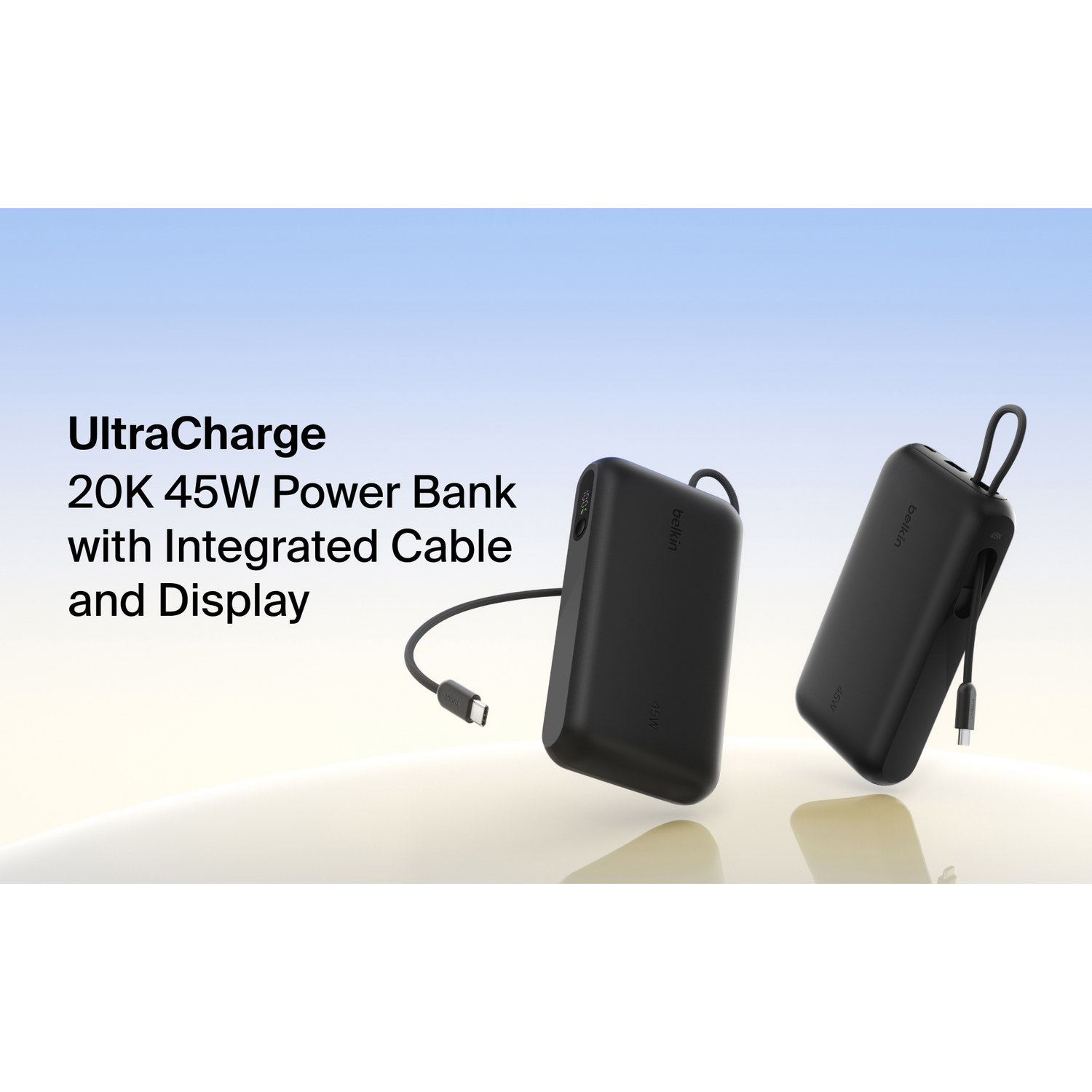Two black Belkin 20K 45W power banks with integrated cable and display.