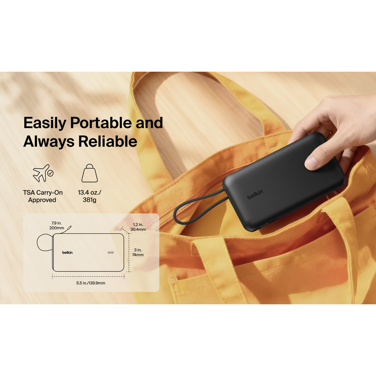Black power bank being placed in a yellow bag. Dimensions and weight shown.