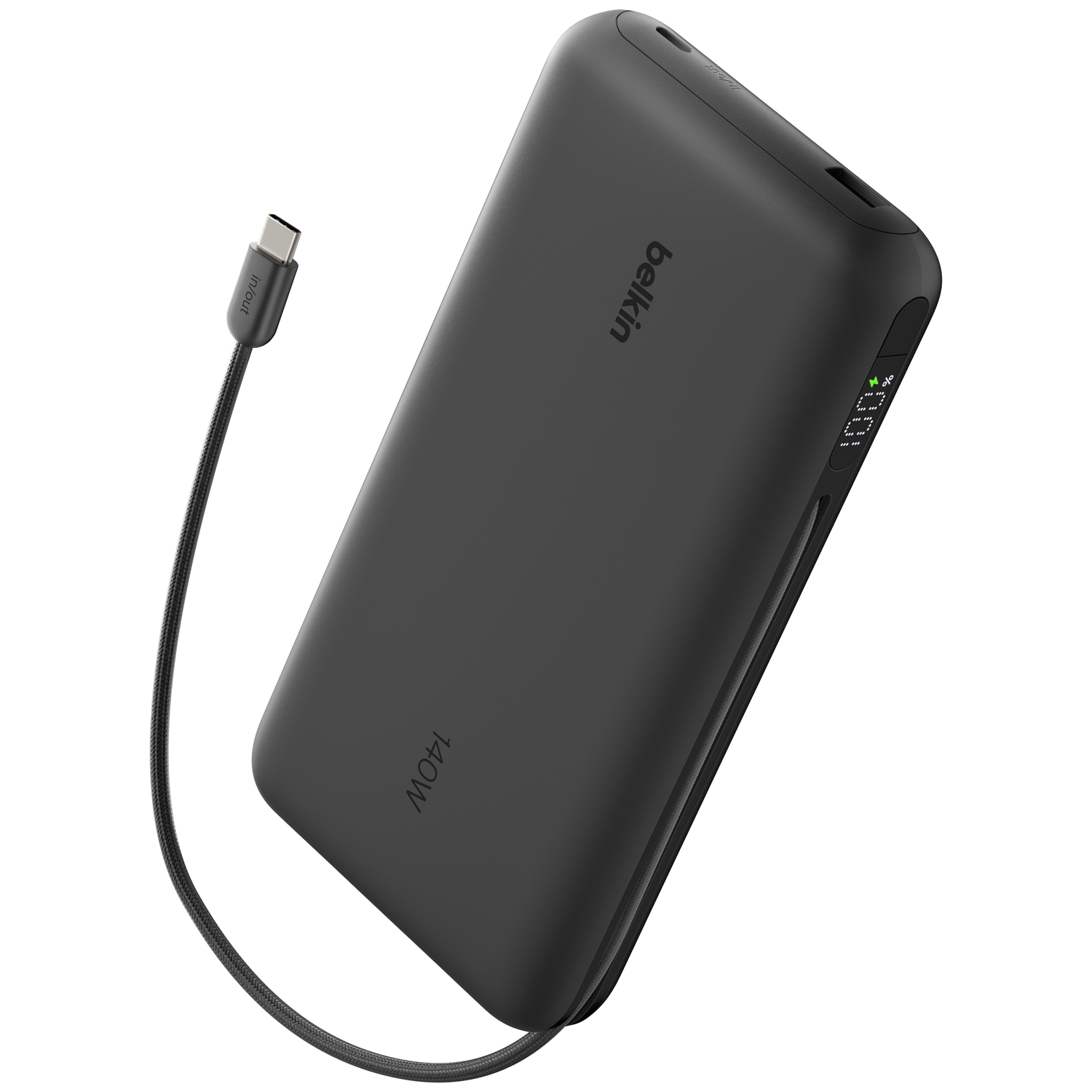 Black Belkin power bank with USB-C cable, showing 100% charge.