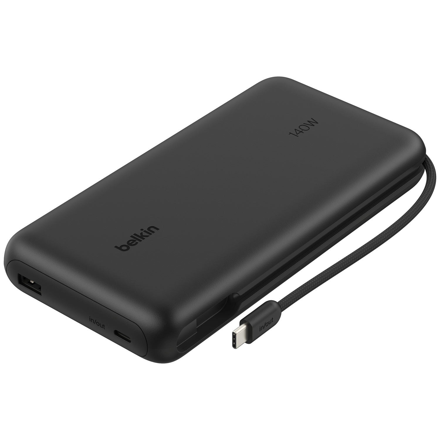 Black Belkin power bank with 140W, USB-A and two USB-C ports.