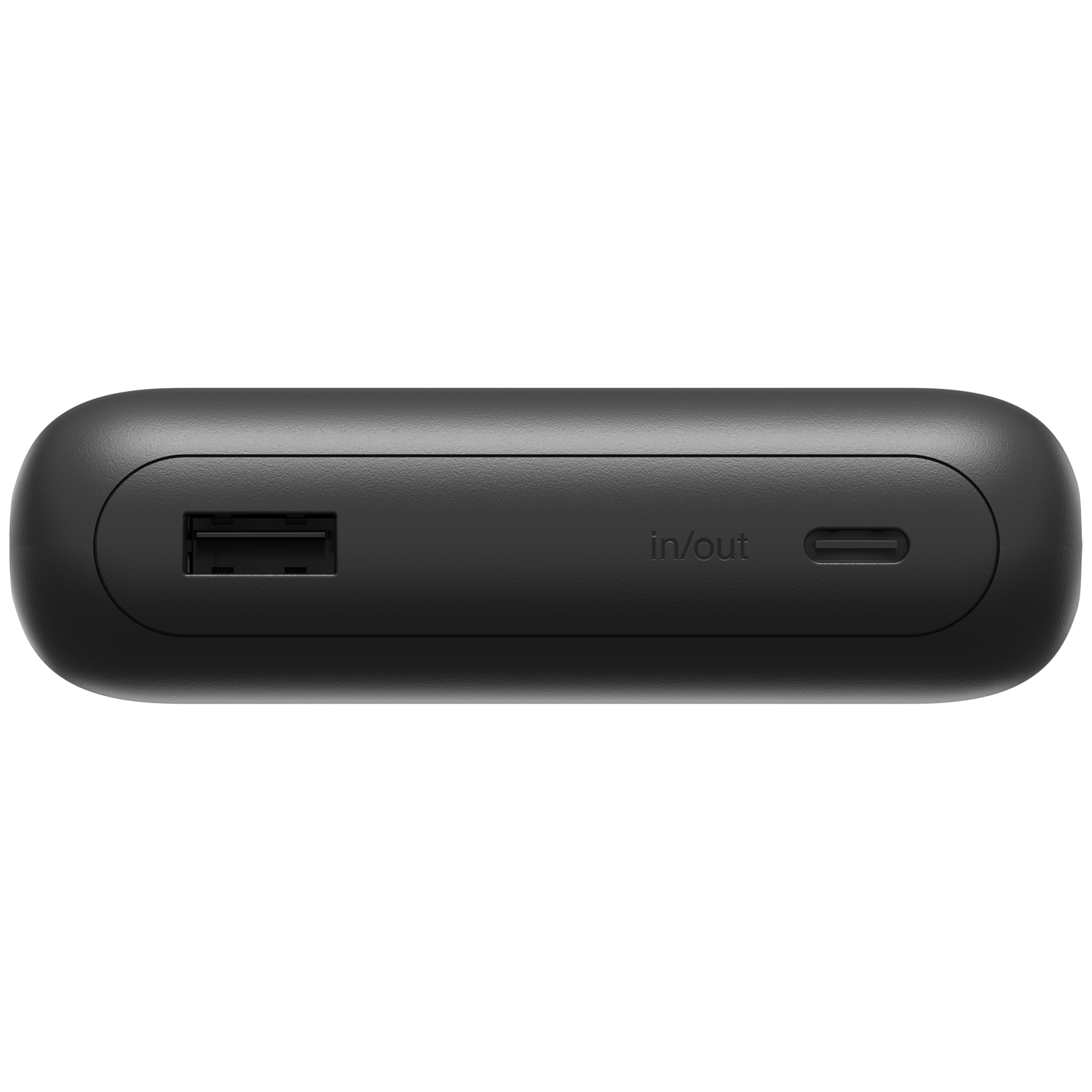 Black power bank with USB-A and USB-C ports.