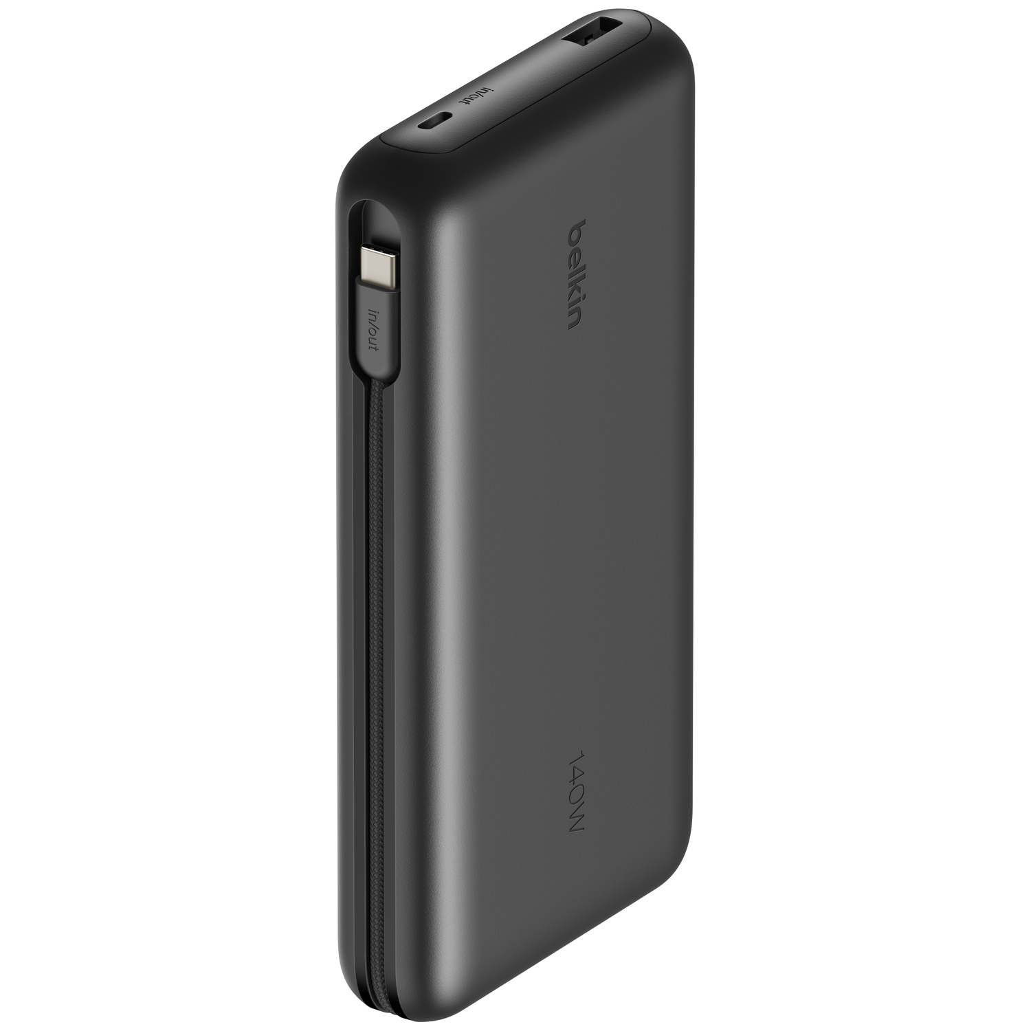 A black Belkin power bank with 140W marking and USB-C input/output port.
