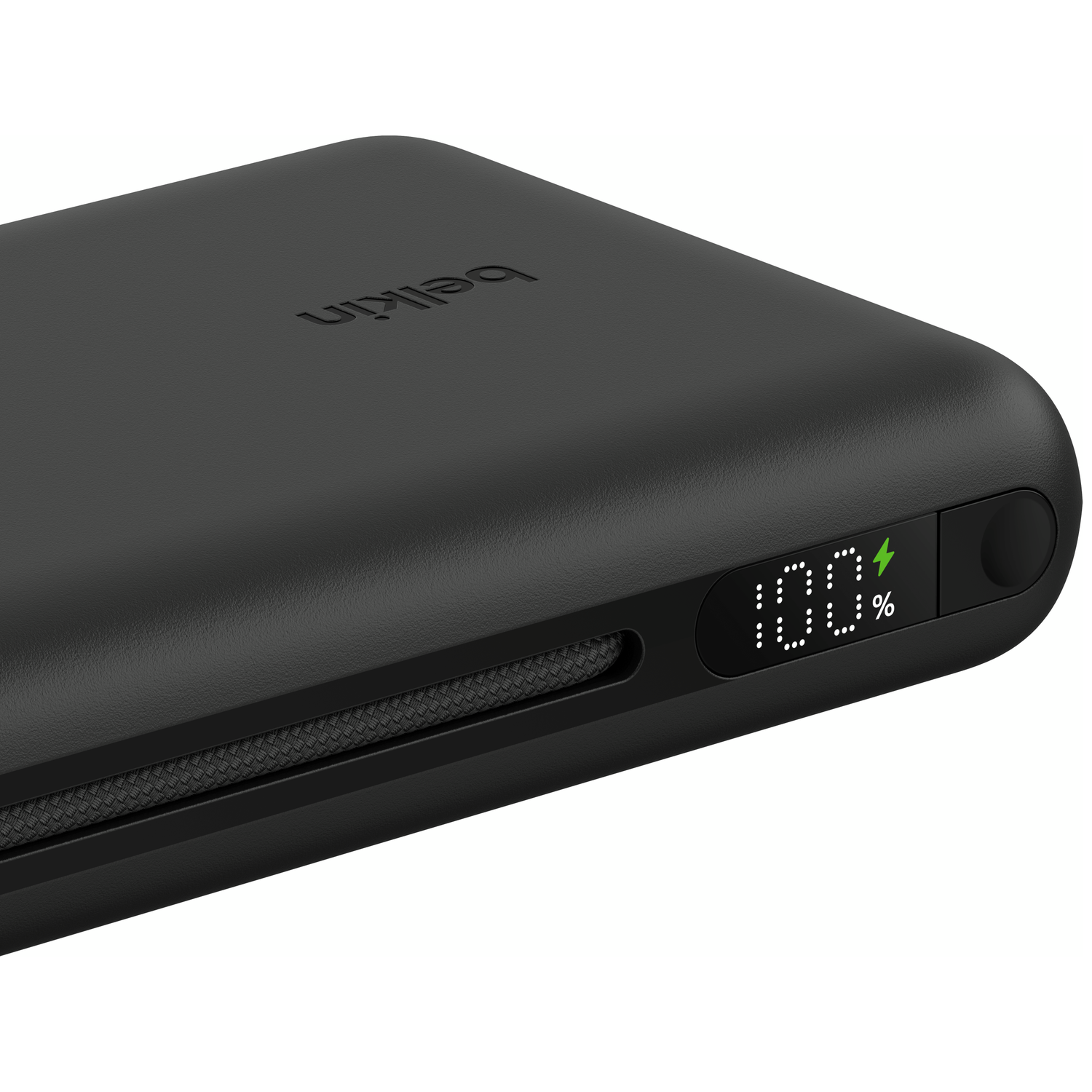 Black Belkin power bank showing 100% charge with a charging icon.