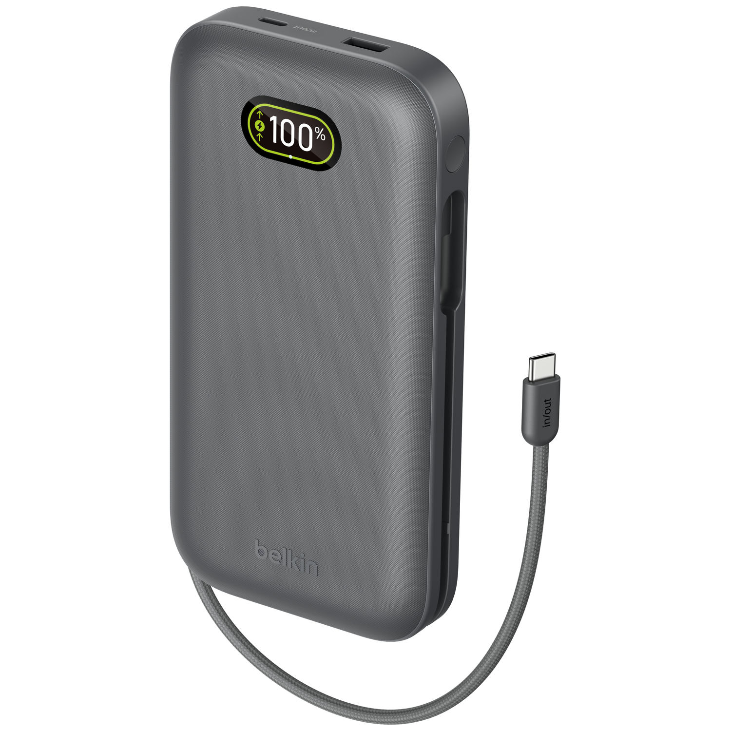 Gray Belkin power bank with 100% charge and USB-C cable.