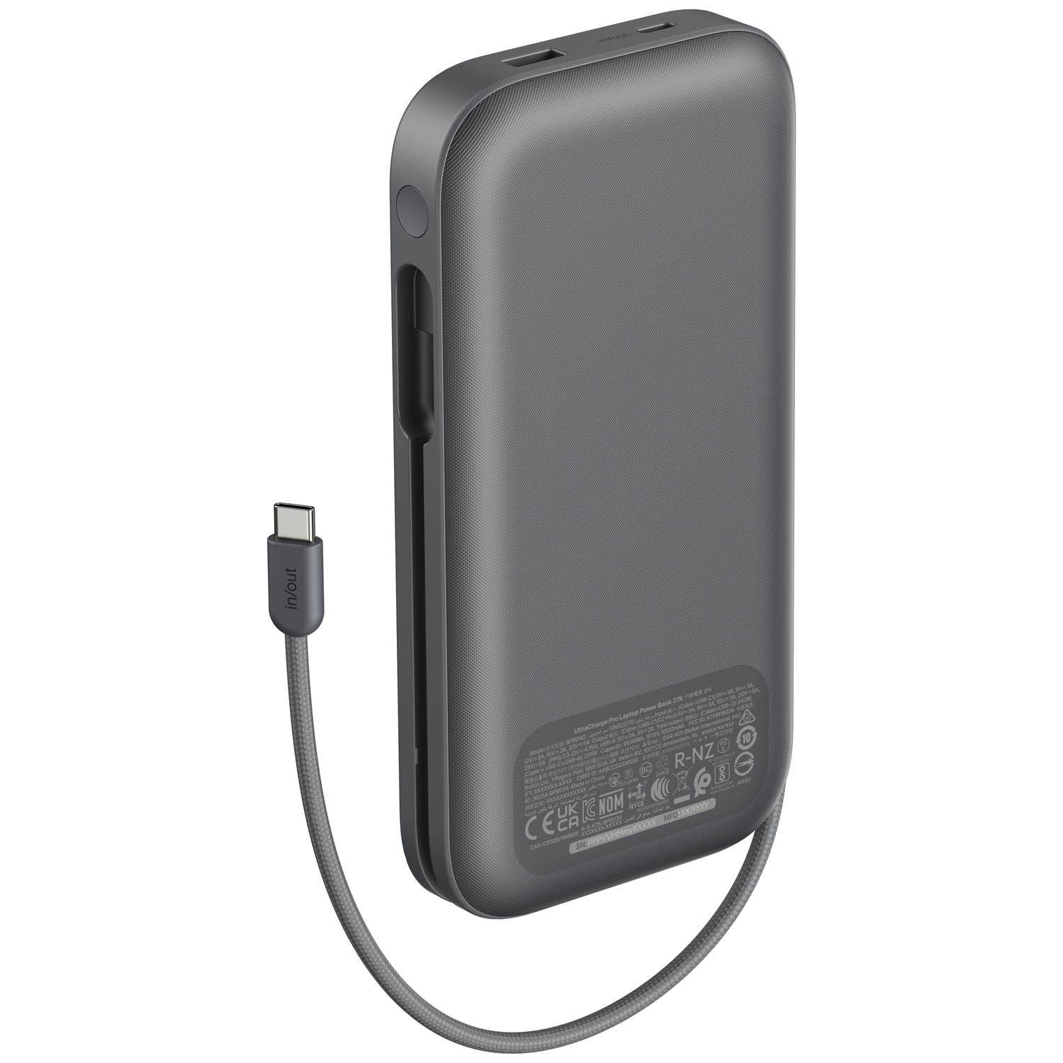 Gray laptop power bank with USB-C cable, on a white background.