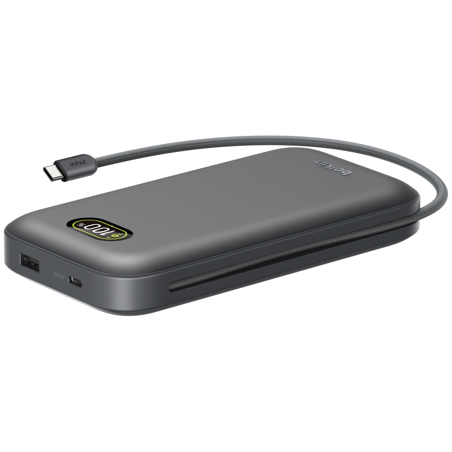 Gray power bank with USB-C cable and 100% charge display.