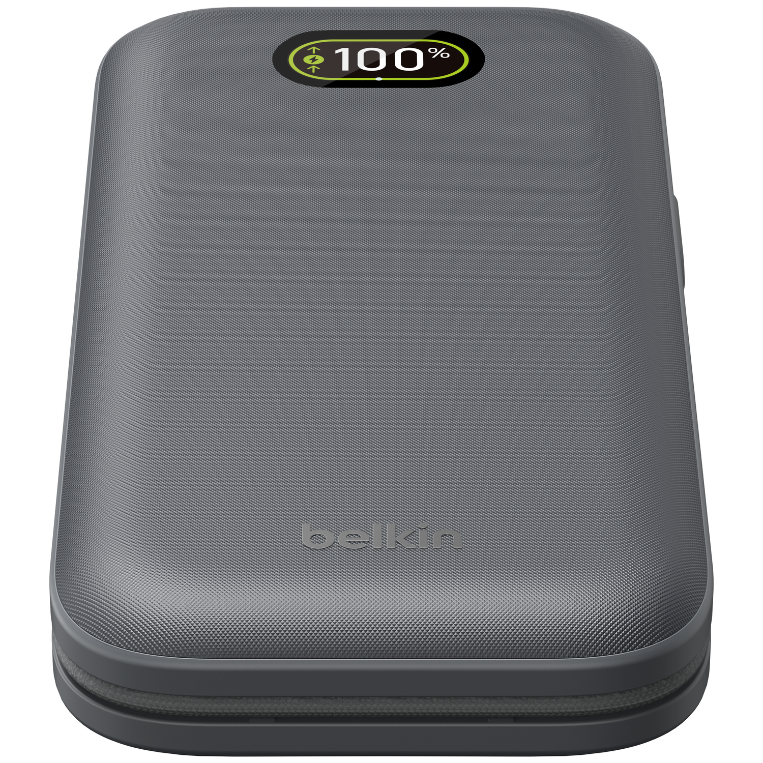 Gray case with 100% charge indicator and Belkin logo.