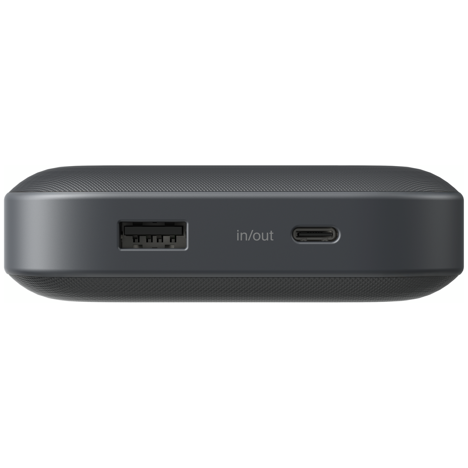 A dark, rectangular power bank with USB-A and USB-C ports.