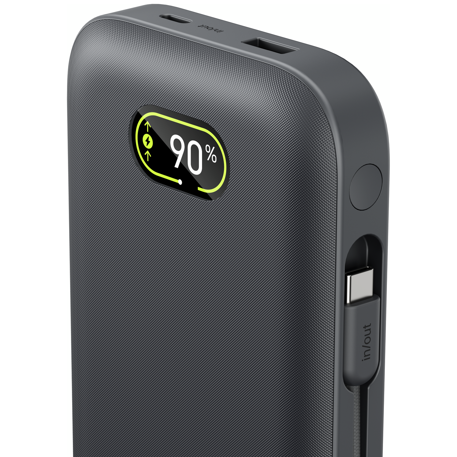 Gray power bank displaying 90% charge. USB-C cable connected.