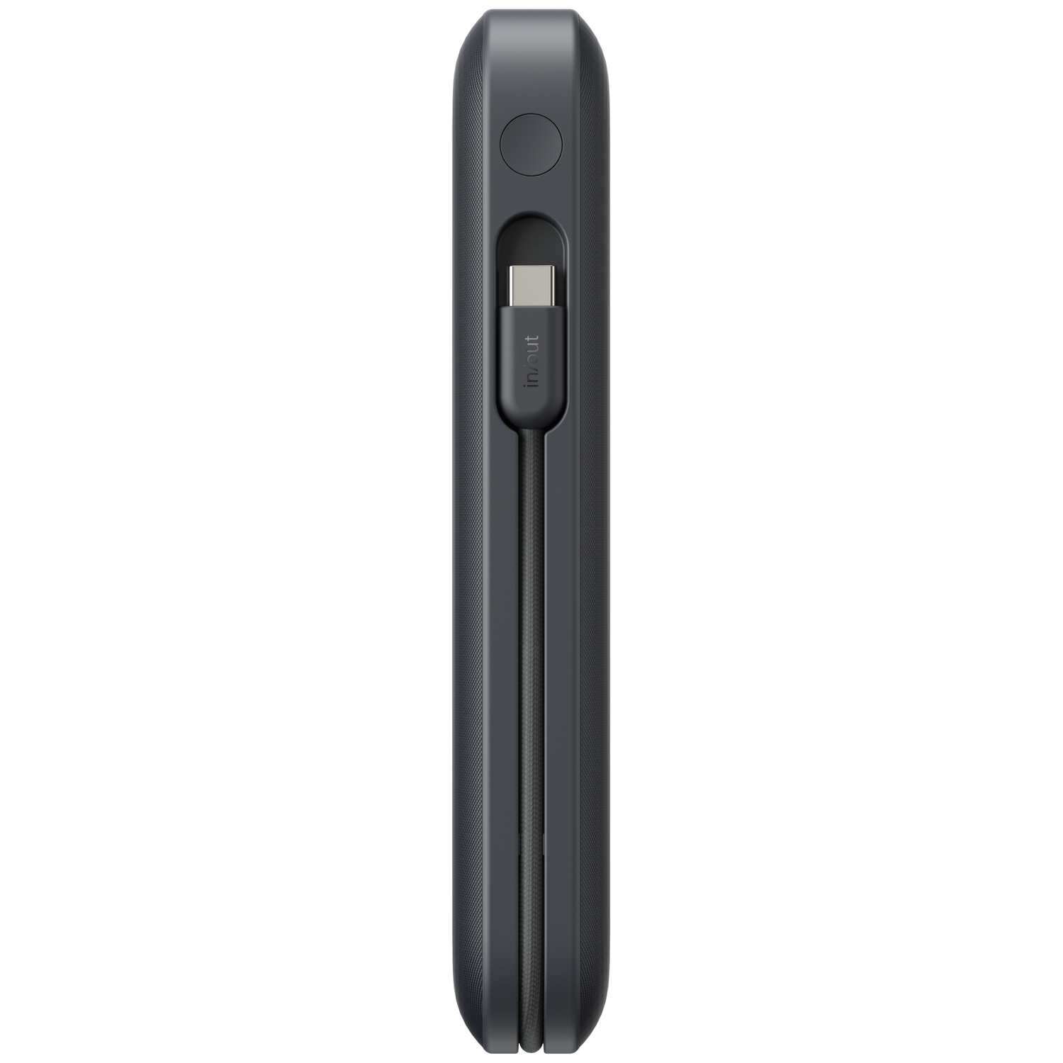 Dark gray charging case with integrated charging cable labeled 'in/out'.