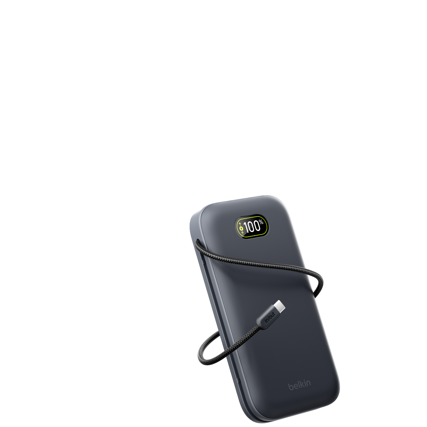 A gray Belkin power bank showing 100% charge with a USB-C cable attached.