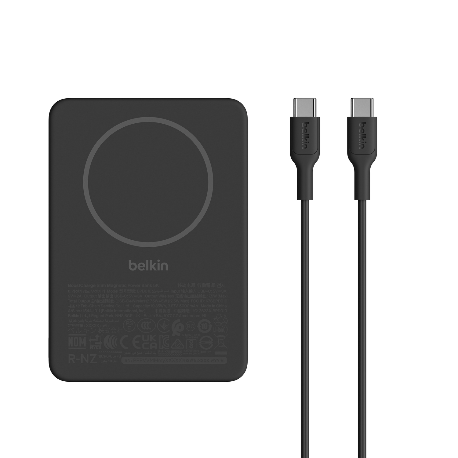 Black Belkin power bank with two USB-C cables.