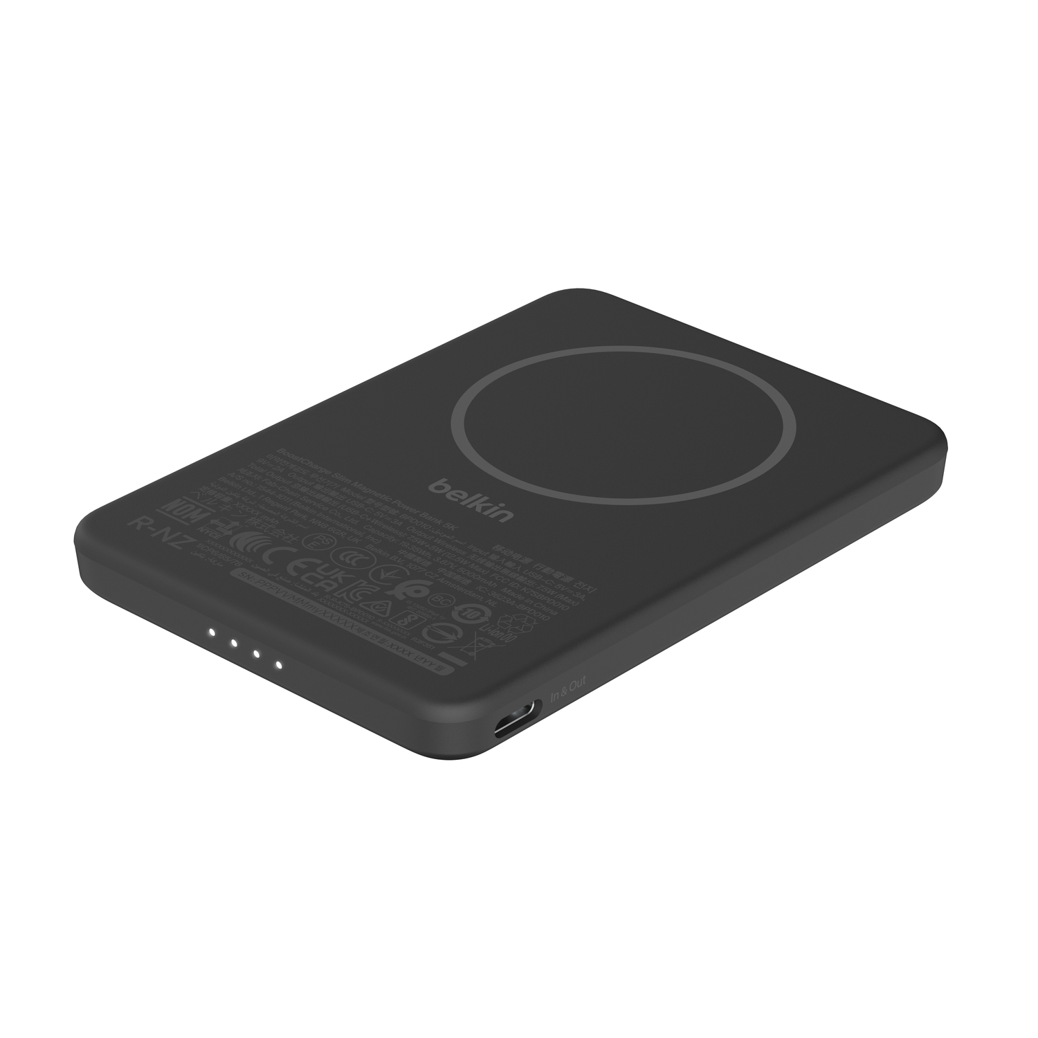 Black Belkin magnetic power bank with circular charging area and USB-C port.