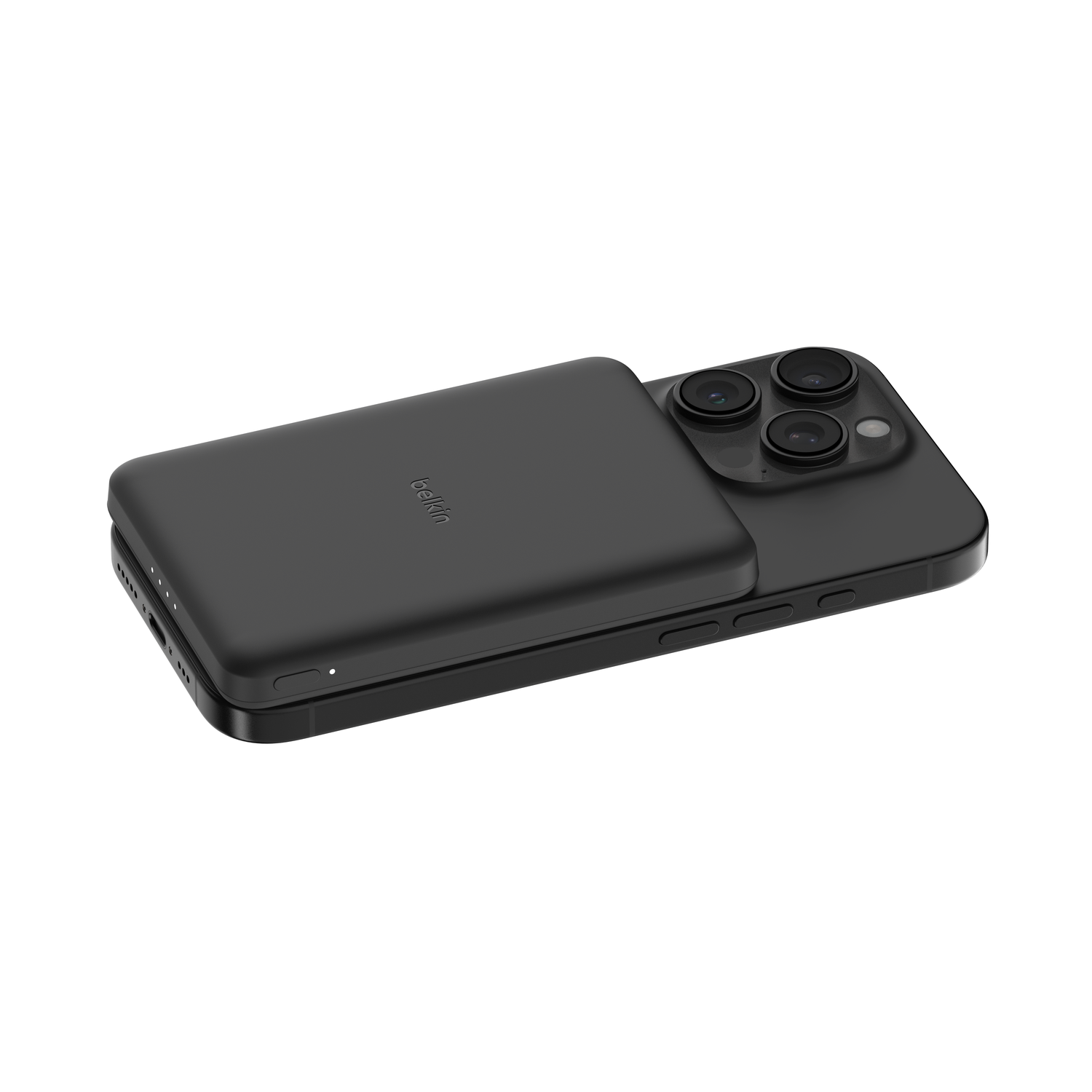 Black smartphone with attached black battery pack, close-up view.