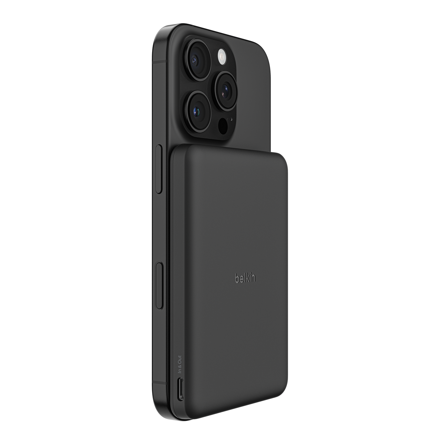 Black iPhone with attached black Belkin battery pack, side view.