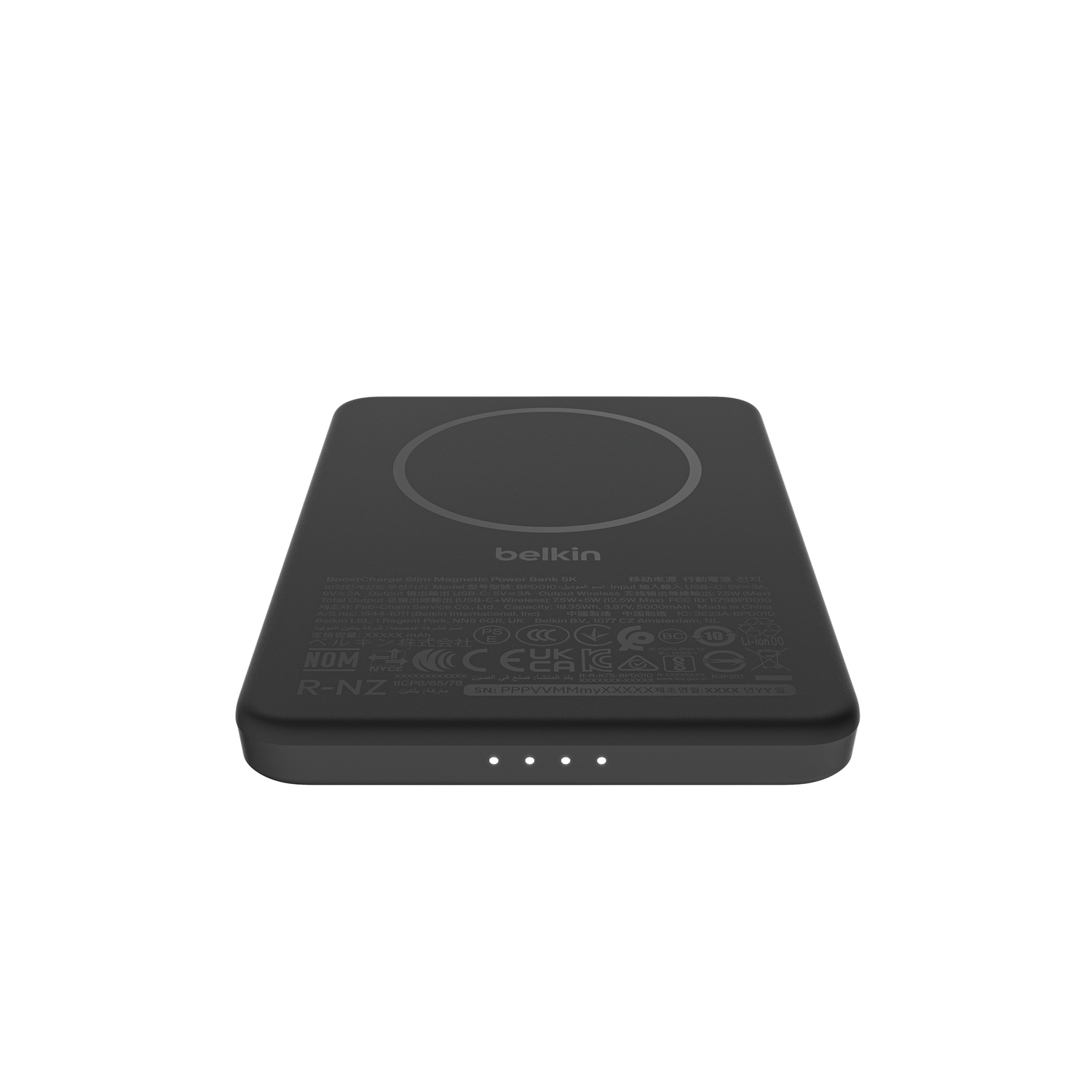 Black Belkin power bank with magnetic charging surface and charge indicator lights.