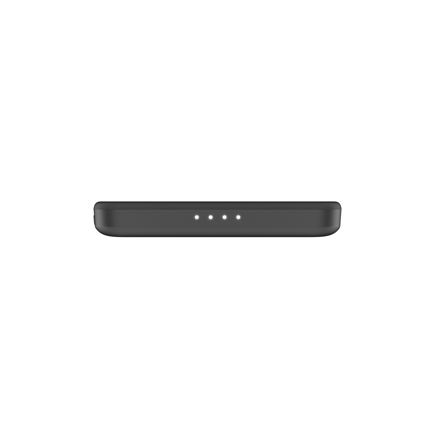 A black rectangular object with rounded corners and four white LED indicator lights.