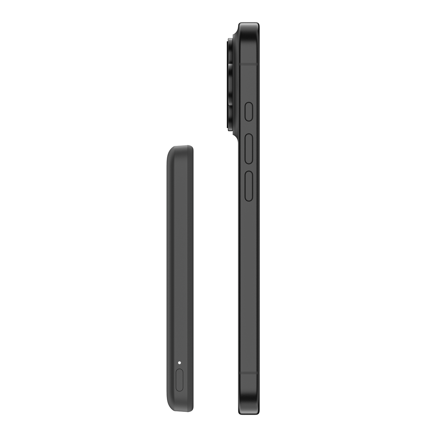 A black portable charger is next to a black smartphone, both shown from the side.