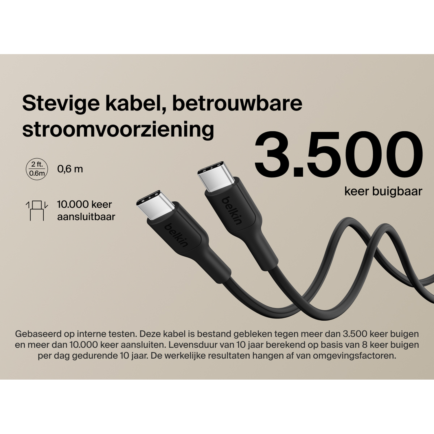 Black USB-C cable, 0.6m, 3,500 bends, 10,000 connections.