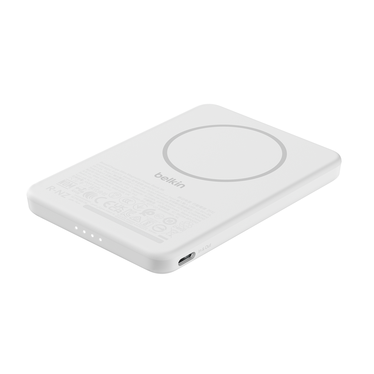 White Belkin magnetic power bank with circular charging area and USB-C port.