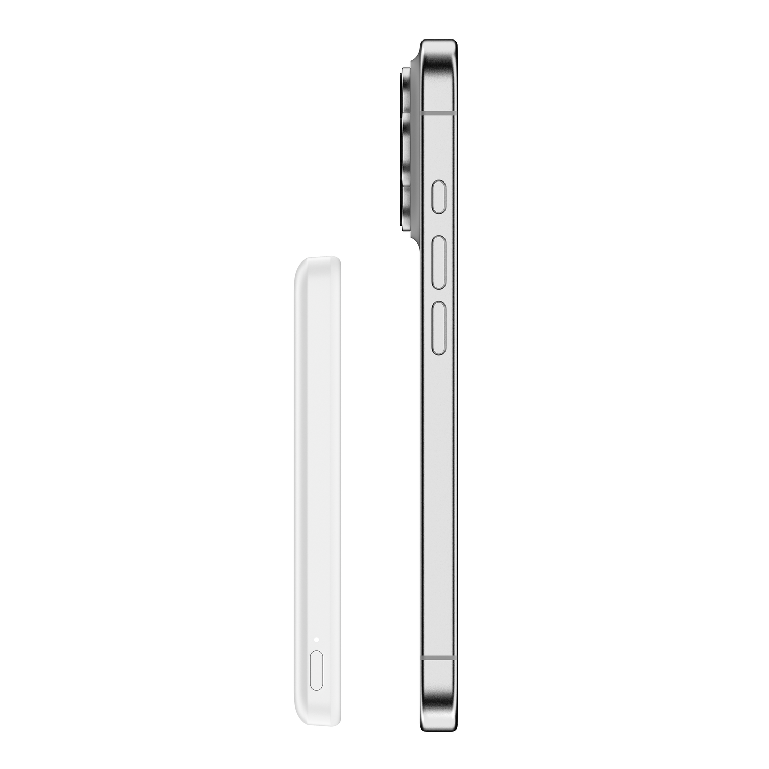 A white power bank lies next to a silver smartphone on a white background.