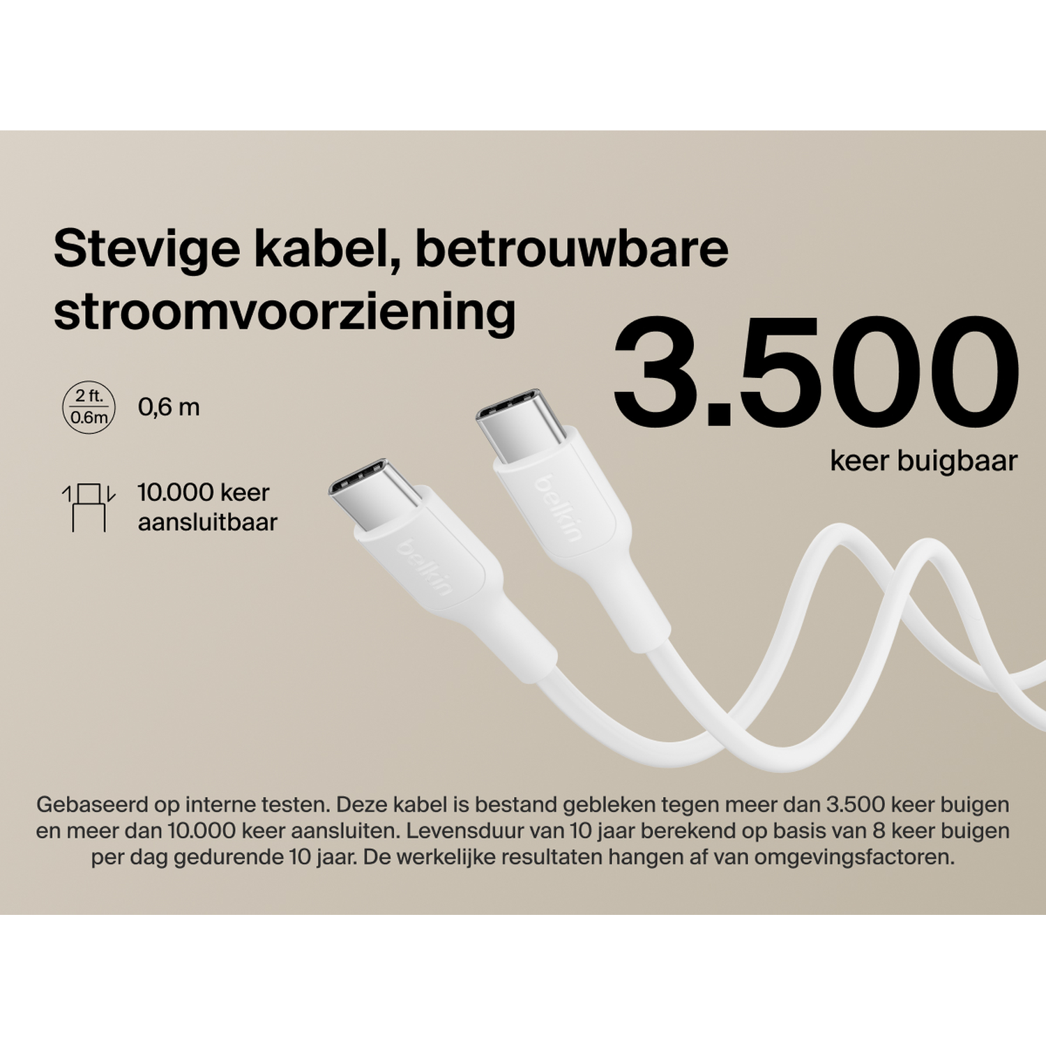 Two white USB-C cables on a beige background. Text indicates 3,500 bends.