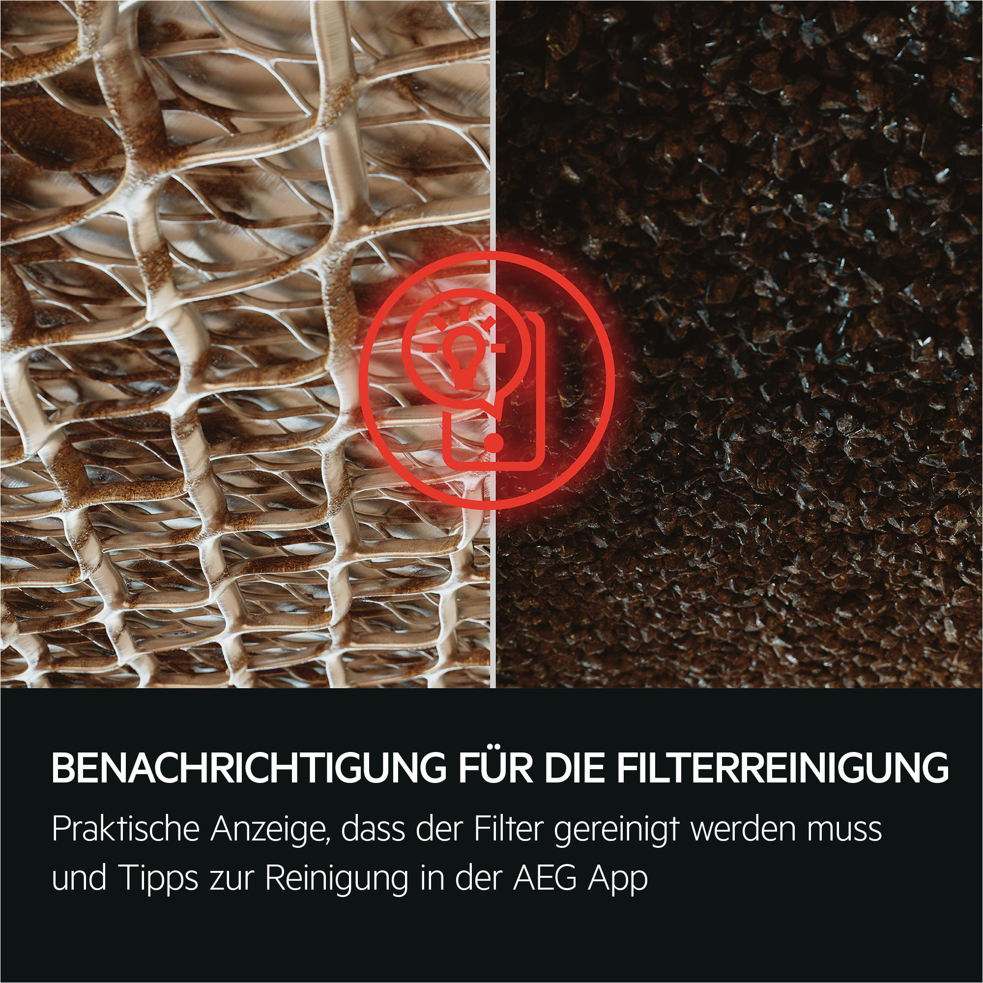 Vergleich von sauberem und schmutzigem Filter, rote Warnung.