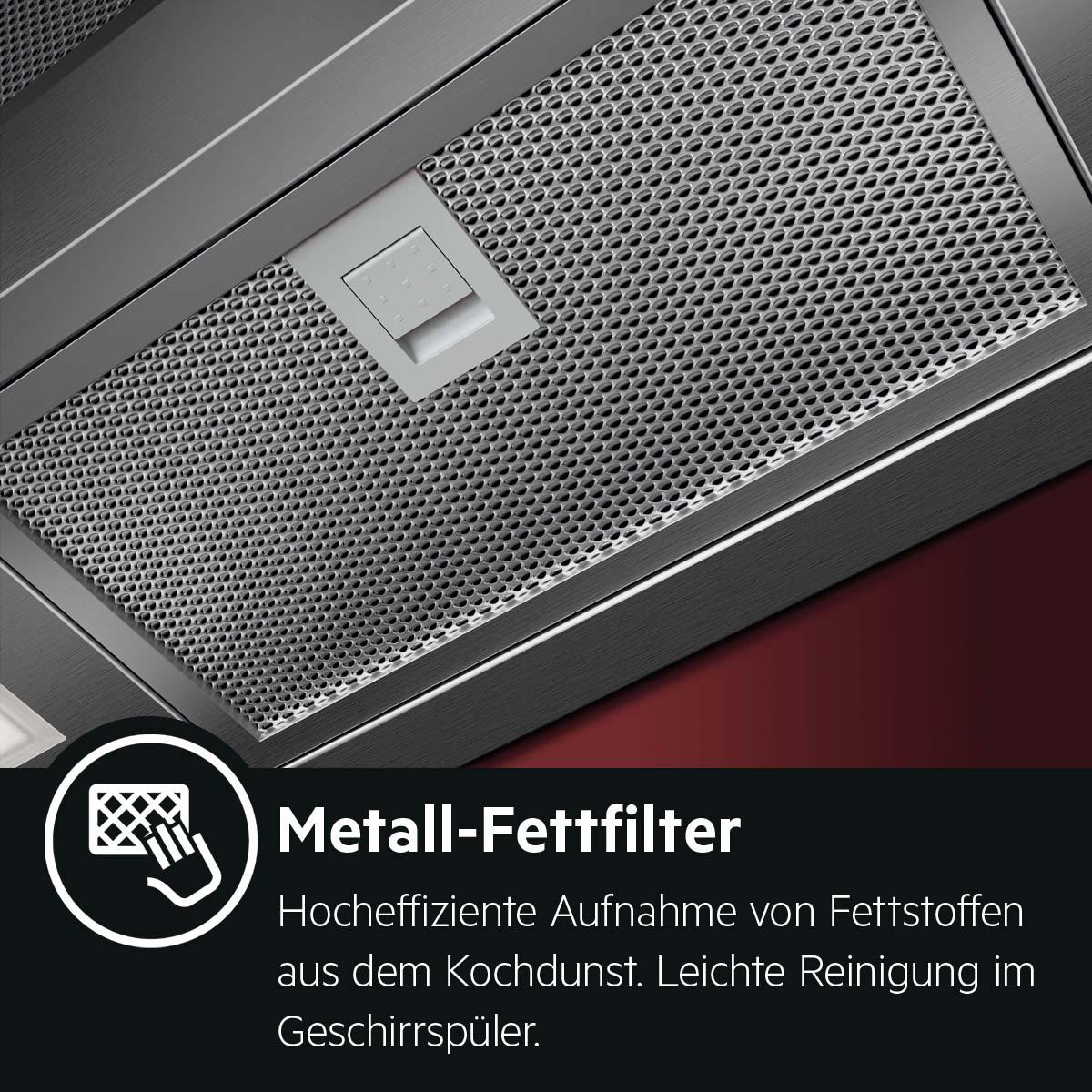 Metall-Fettfilter einer Dunstabzugshaube mit Perforation und Bedienelement.