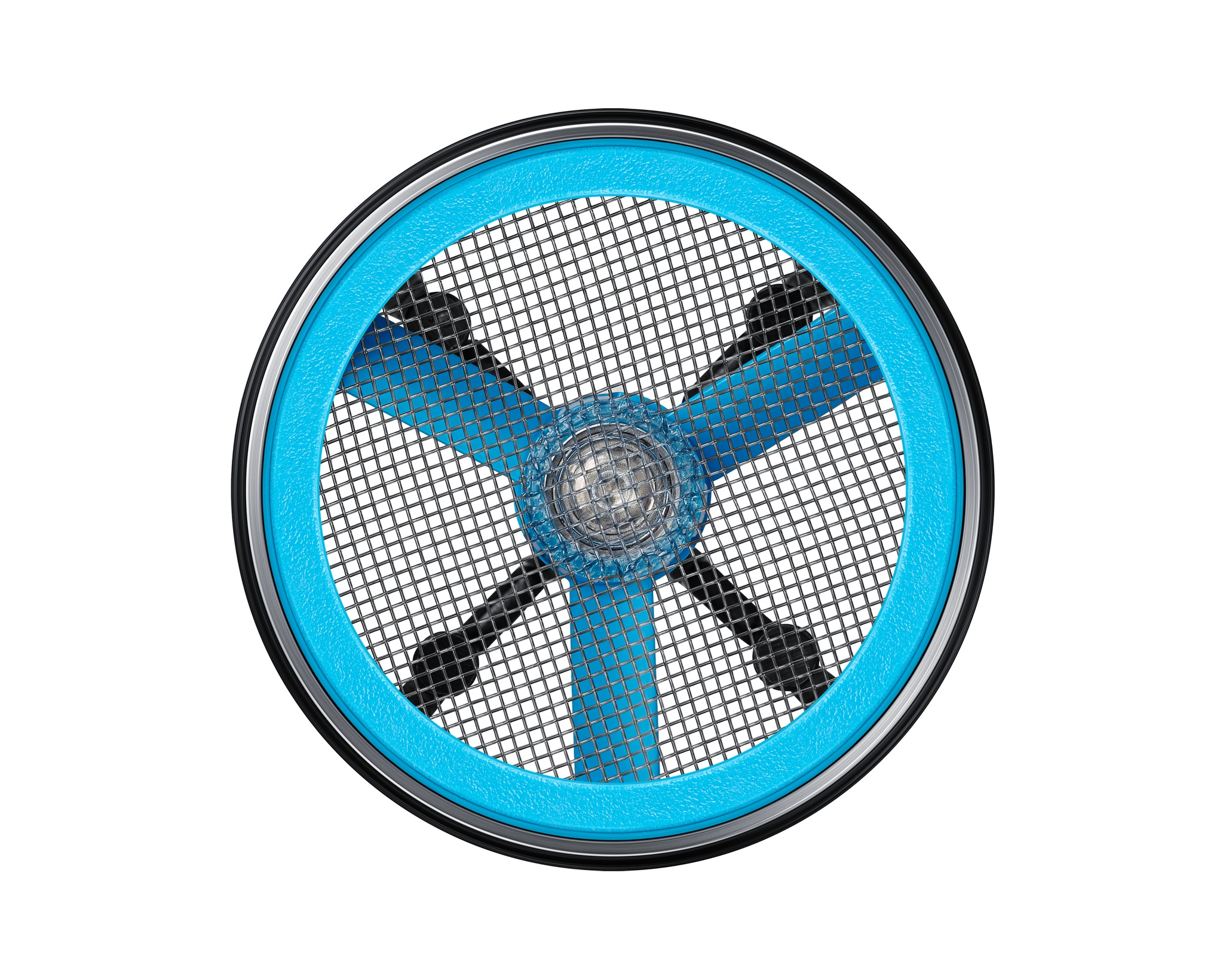 Kék ventilátor három lapáttal drótháló mögött.