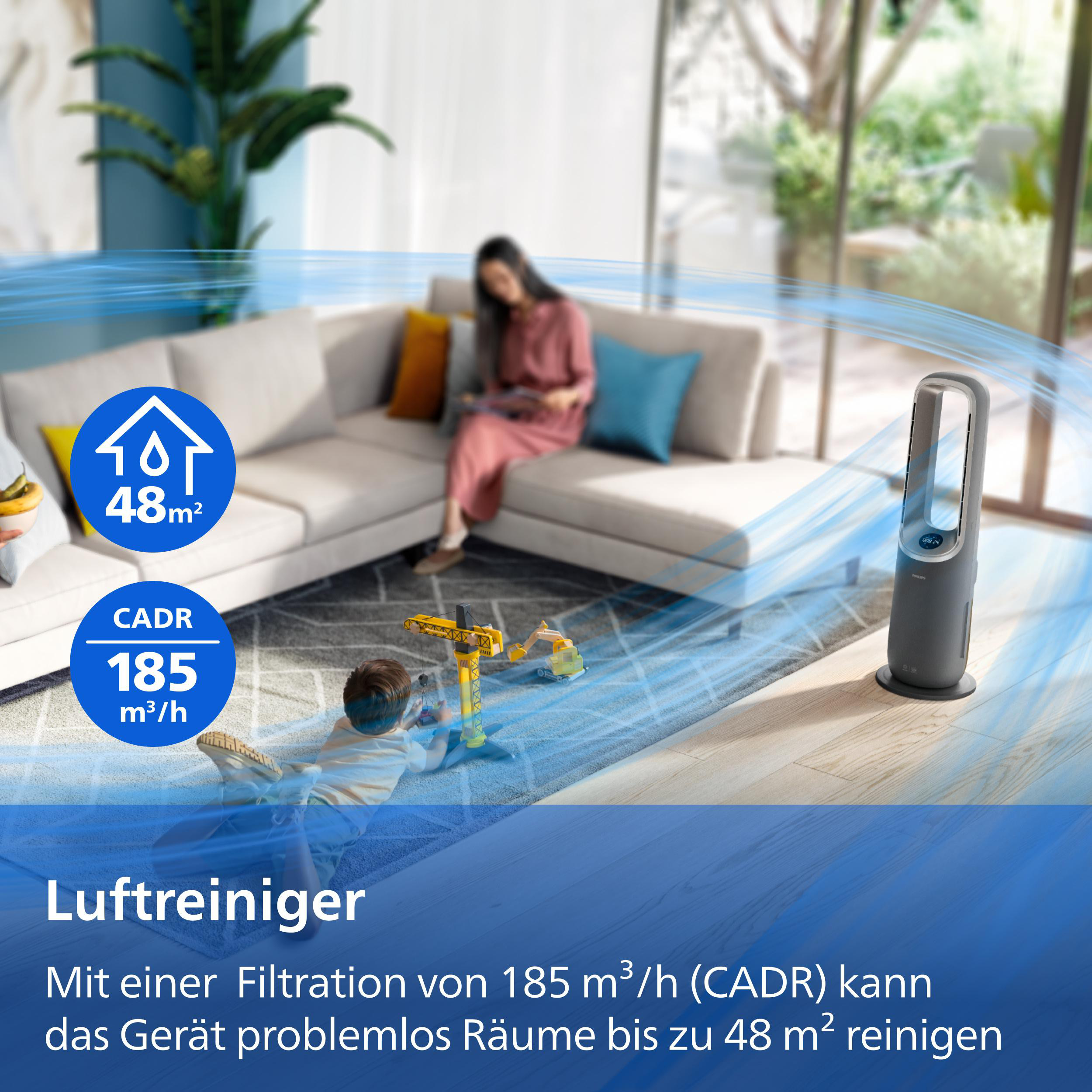 Luftreiniger mit 185 m³/h CADR für Räume bis 48 m². Kinder spielen.