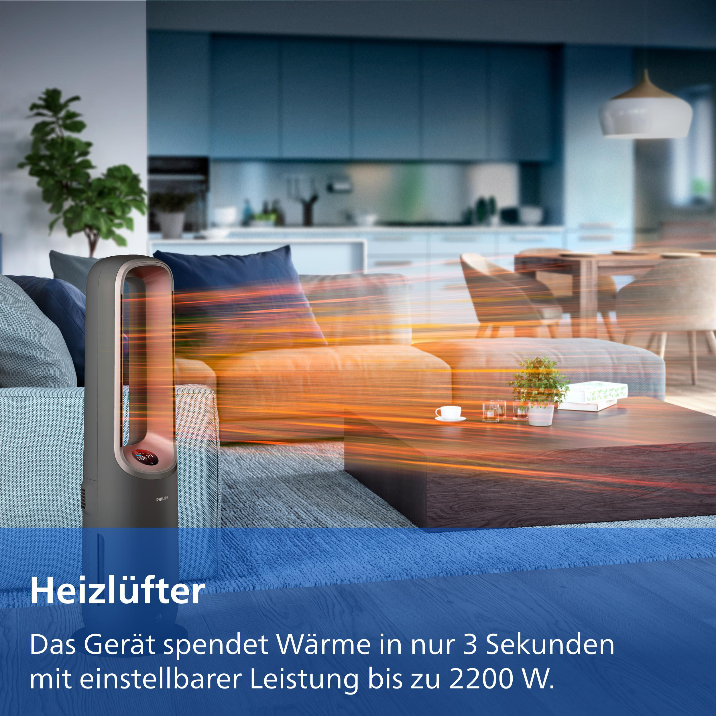 Ein moderner Heizlüfter steht auf einem blauen Teppich vor einem Sofa.