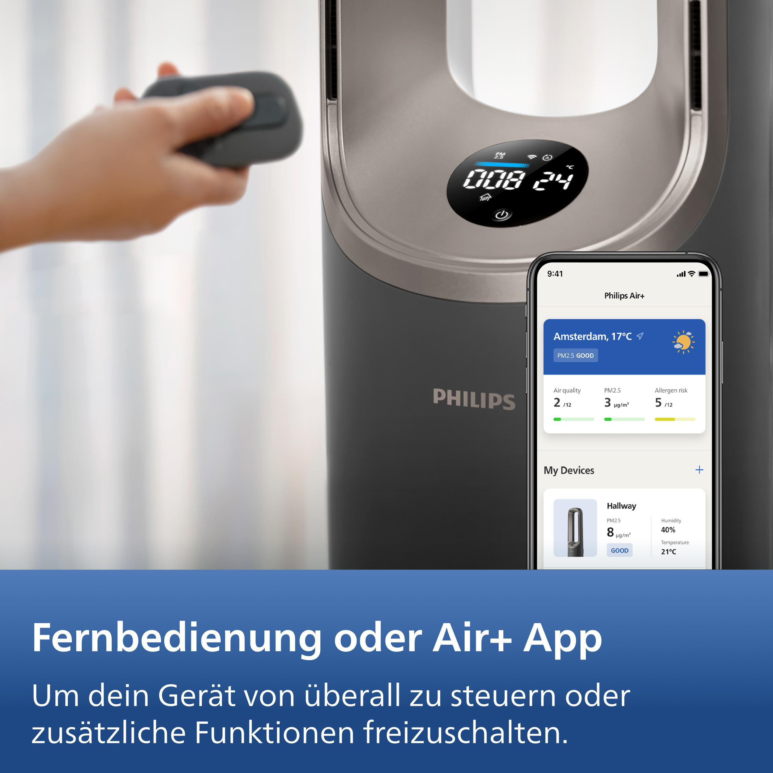 Hand hält Fernbedienung vor Philips Air+ Gerät mit App-Anzeige.