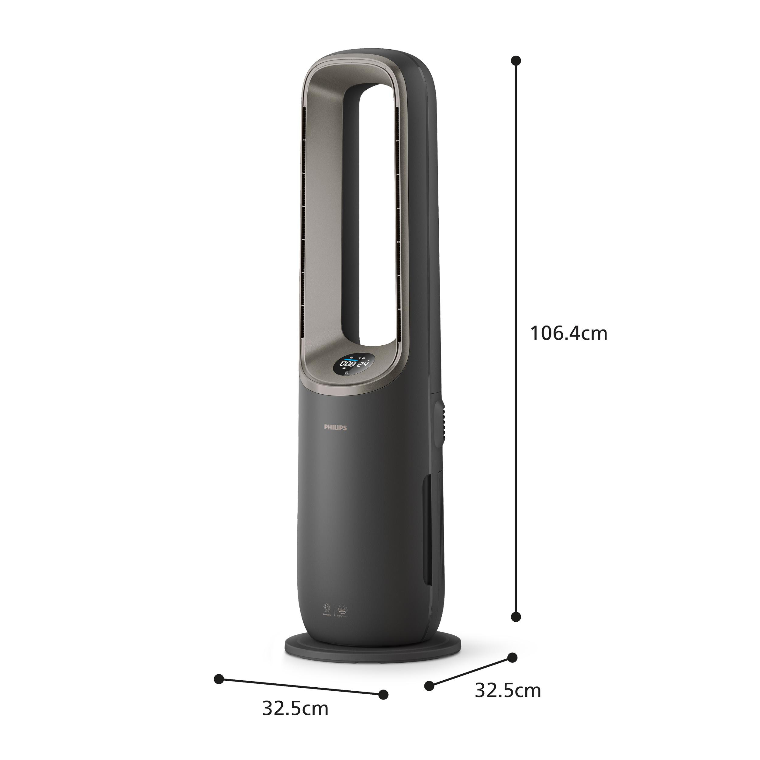 Dunkelgrauer Turmventilator mit silbernem Rahmen, 106,4 cm hoch, 32,5 cm breit.