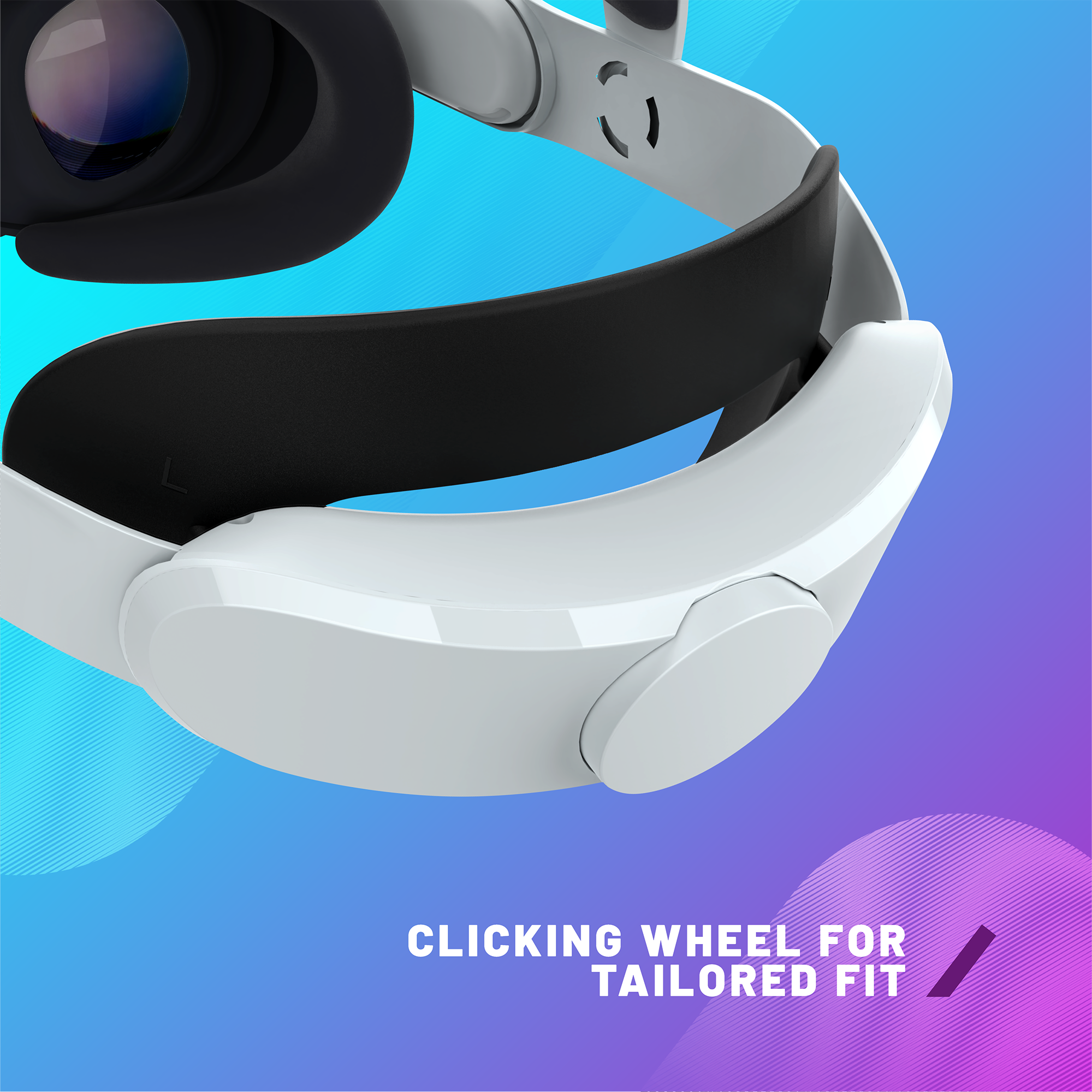 Weiße VR-Brille mit schwarzer Polsterung und Klickrad für die Passform. Blau/lila Farbverlauf.
