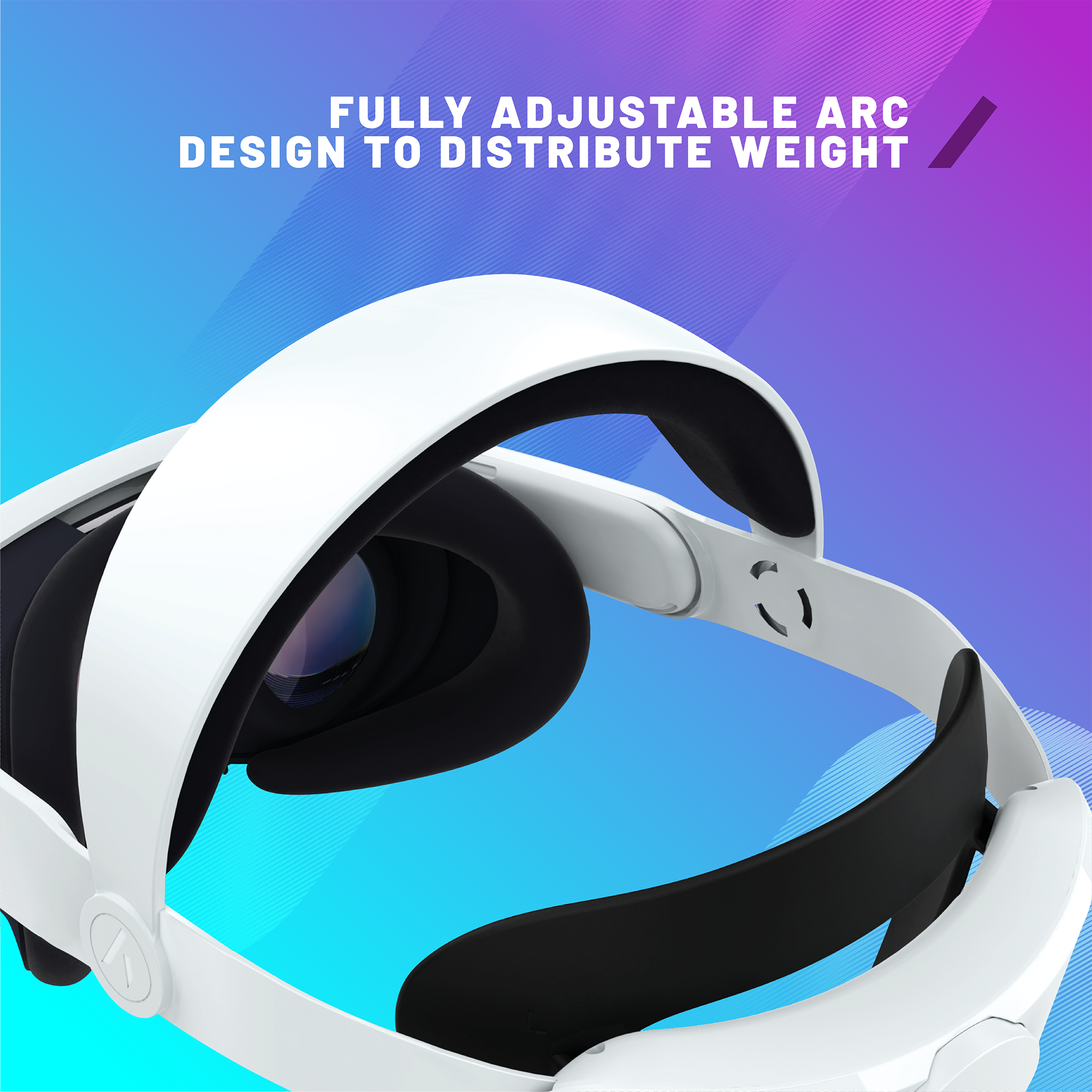 Ein weißes Headset mit schwarzer Polsterung auf blau-violettem Hintergrund.