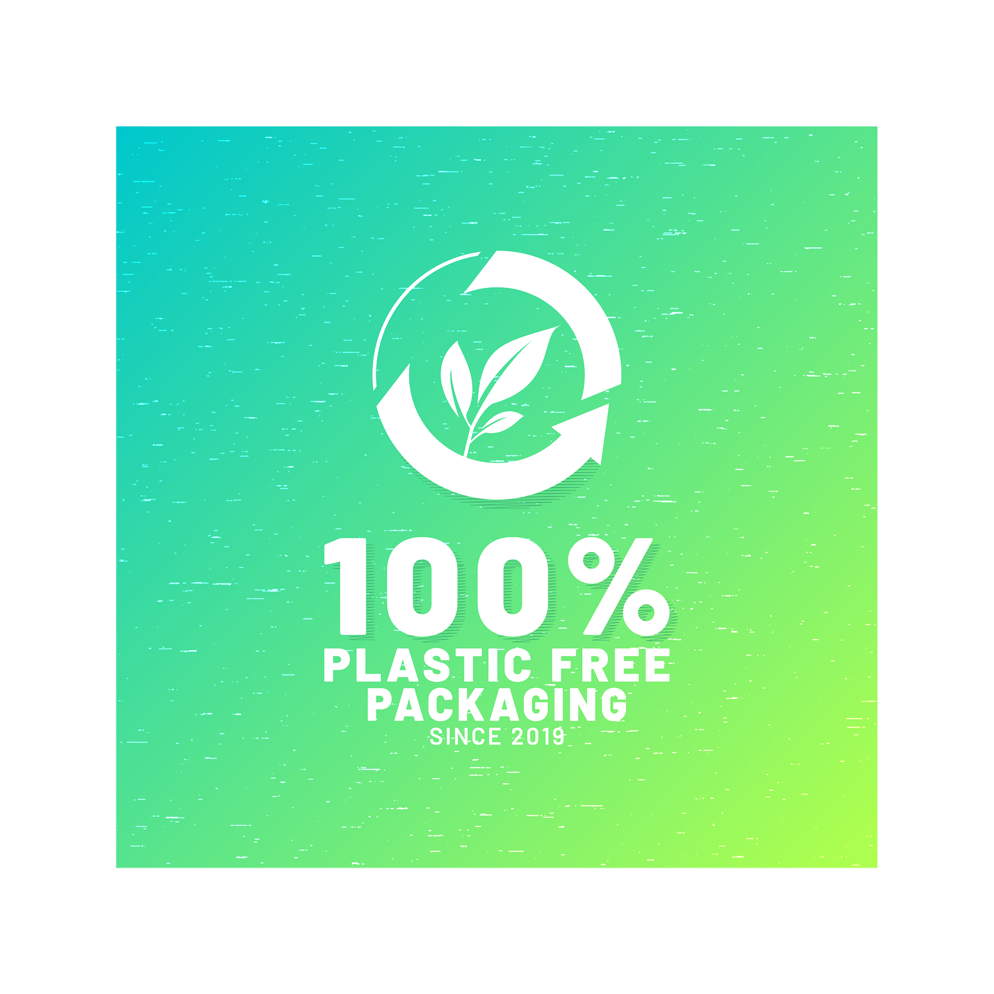 100% plastikfreie Verpackung seit 2019 mit Blatt-Symbol.
