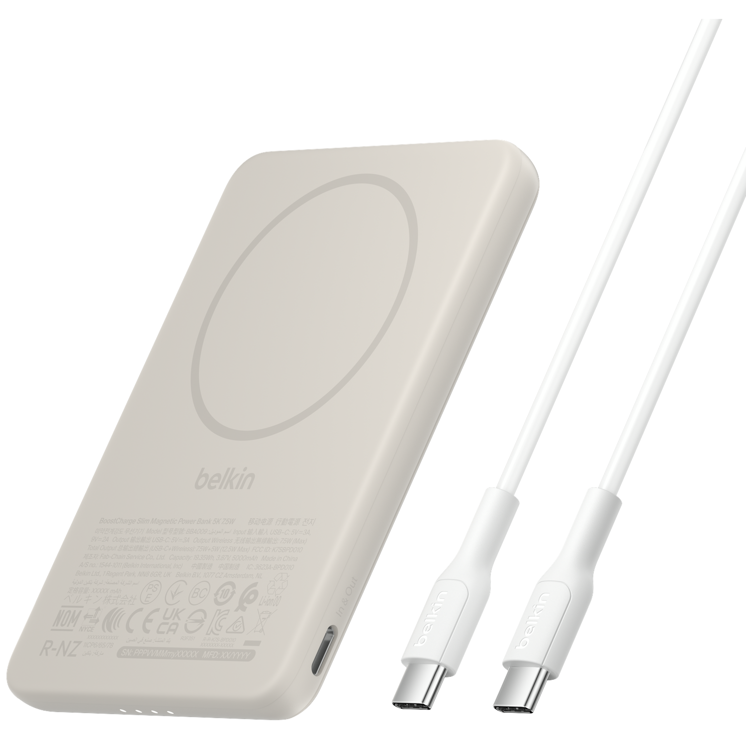 A beige Belkin power bank with two white USB-C cables.