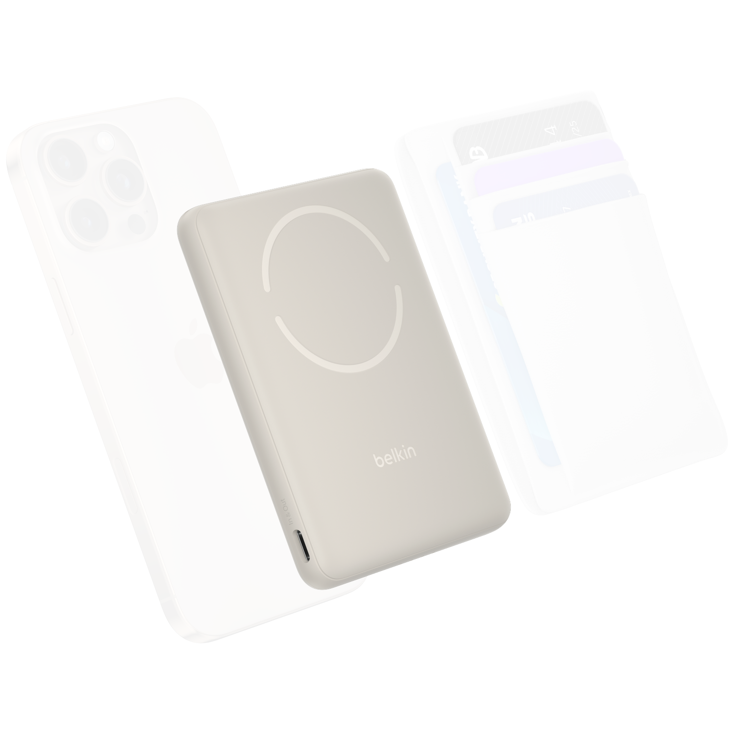 A white Belkin charger with card holder and a dark phone.