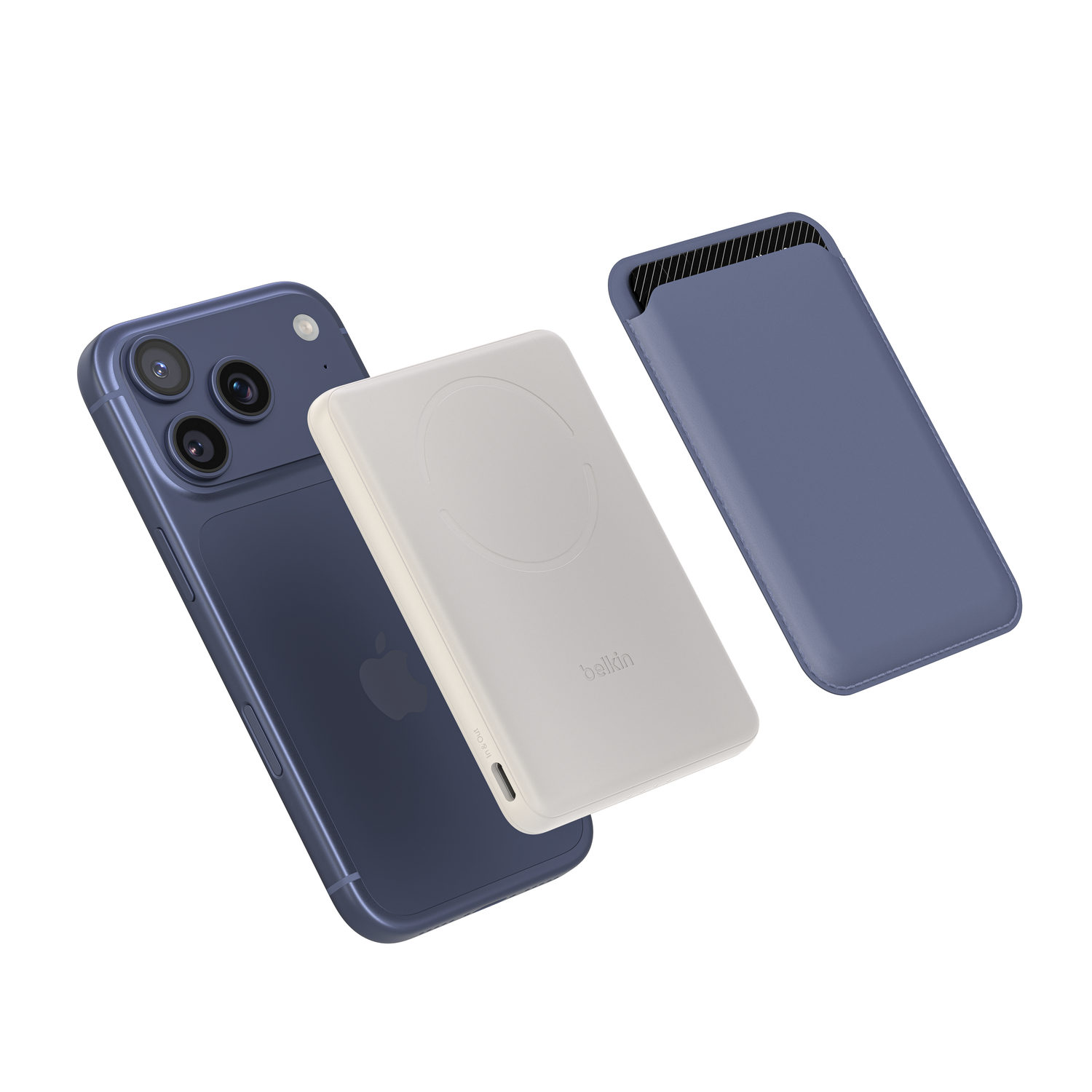 A blue iPhone, a cream-colored battery pack, and a blue case on a white background.