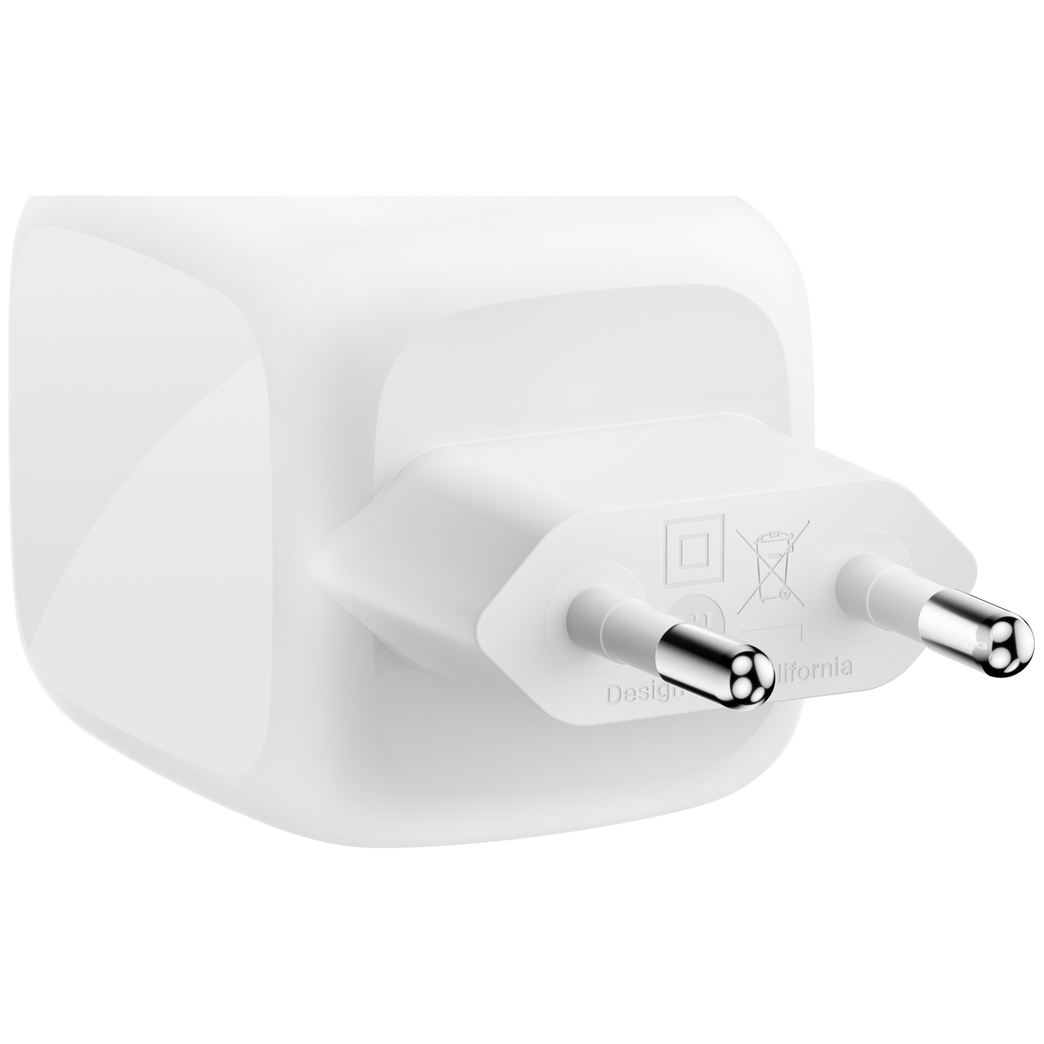 A white plug with two metallic pins and markings.