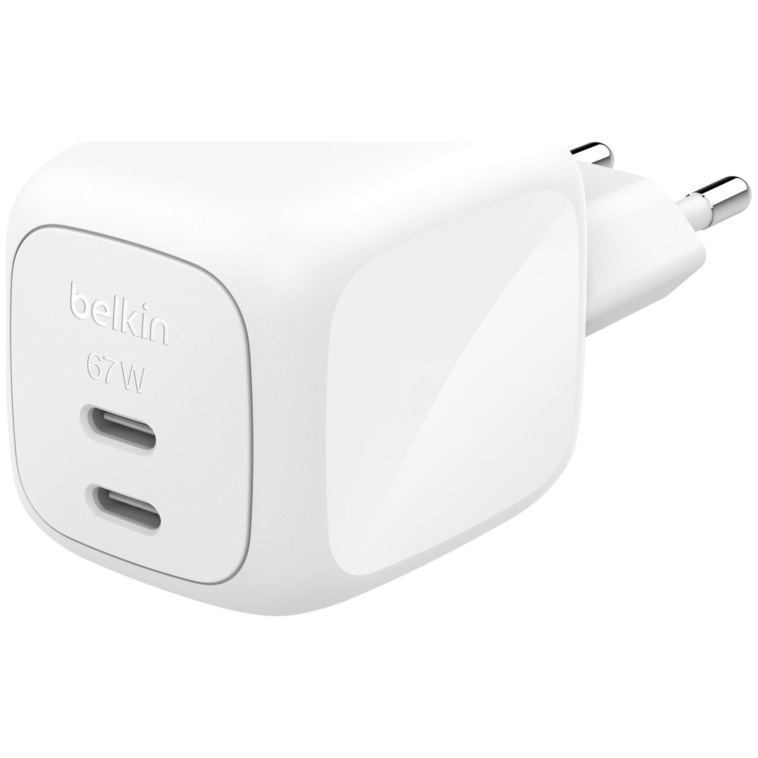 A white Belkin 67W dual USB-C port charging adapter.