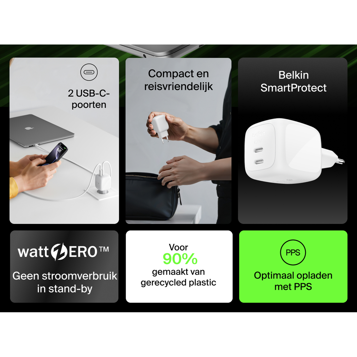 Product overview: 2x USB-C, compact, Belkin SmartProtect, watt ERO, 90% recycled, PPS.