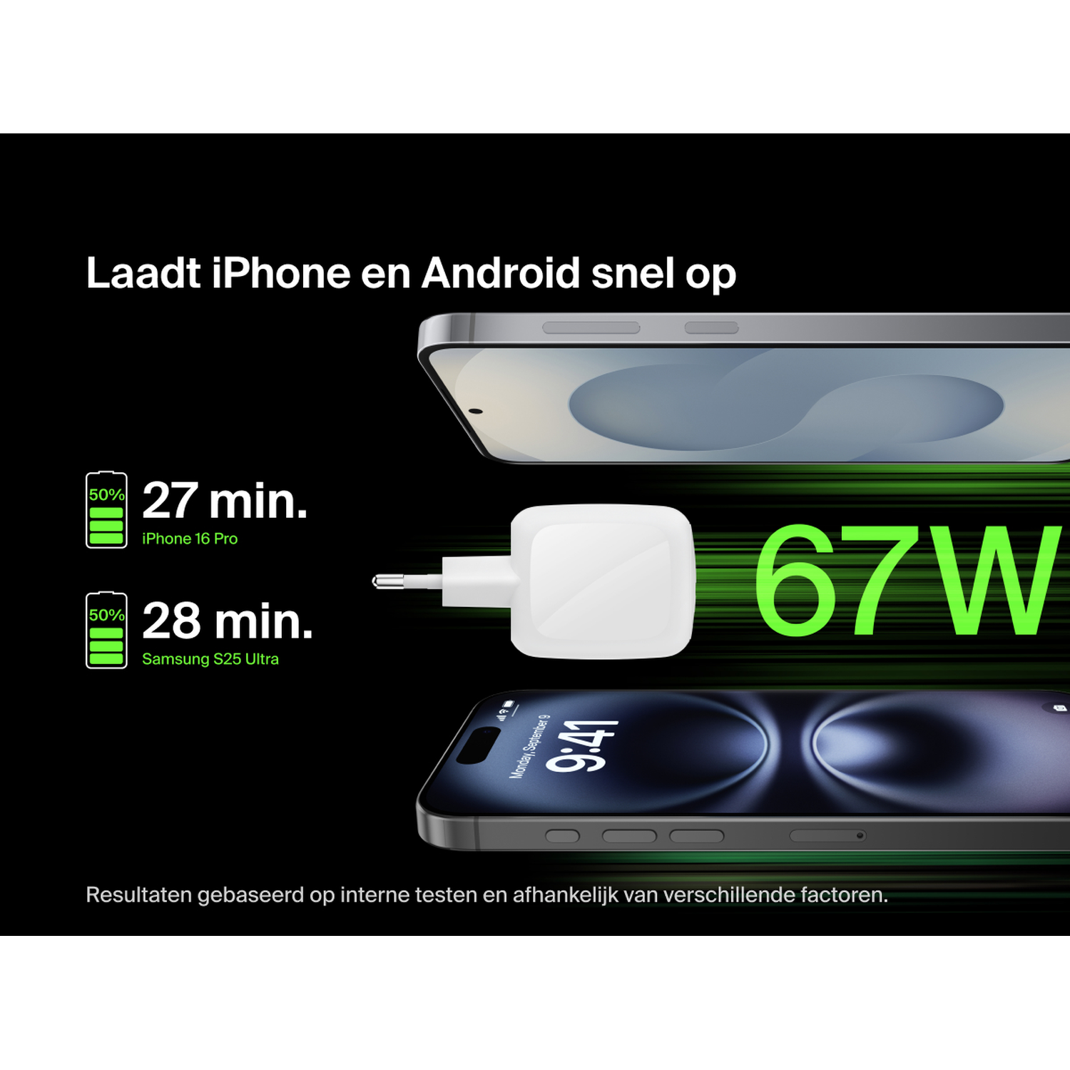 A white 67W charging adapter quickly charges an iPhone and Samsung S25 Ultra.