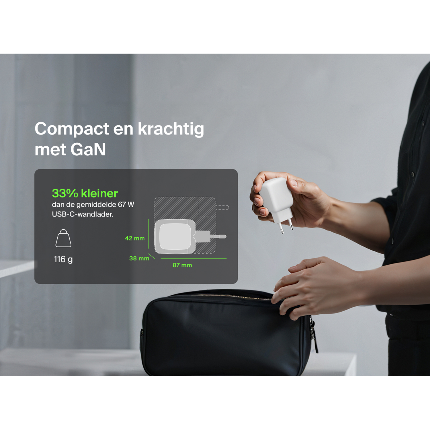 White GaN charger, 116g, 38x42x87mm, being placed into a black bag.