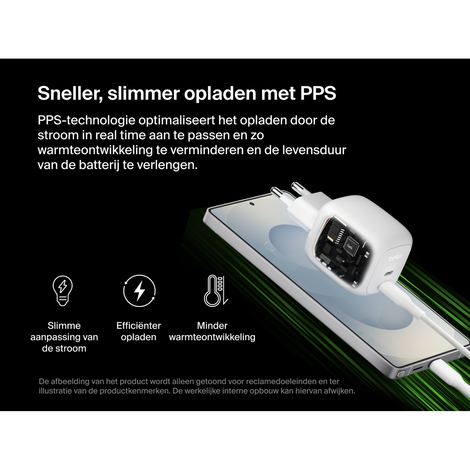 A white charger with PPS technology is charging a smartphone.