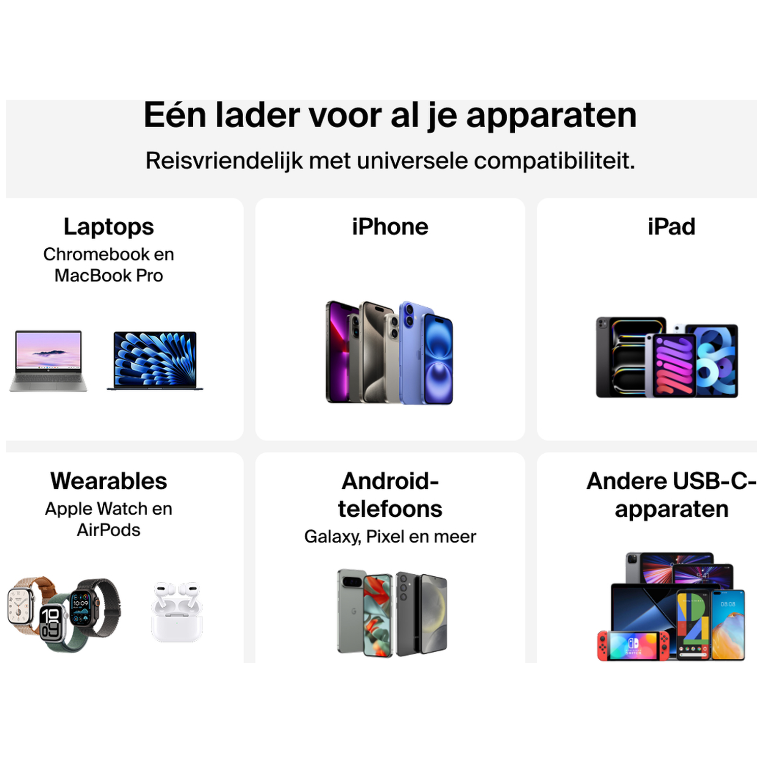 Various Apple and Android devices including laptops, iPhones, iPads, smartwatches, earbuds, and a Nintendo Switch.