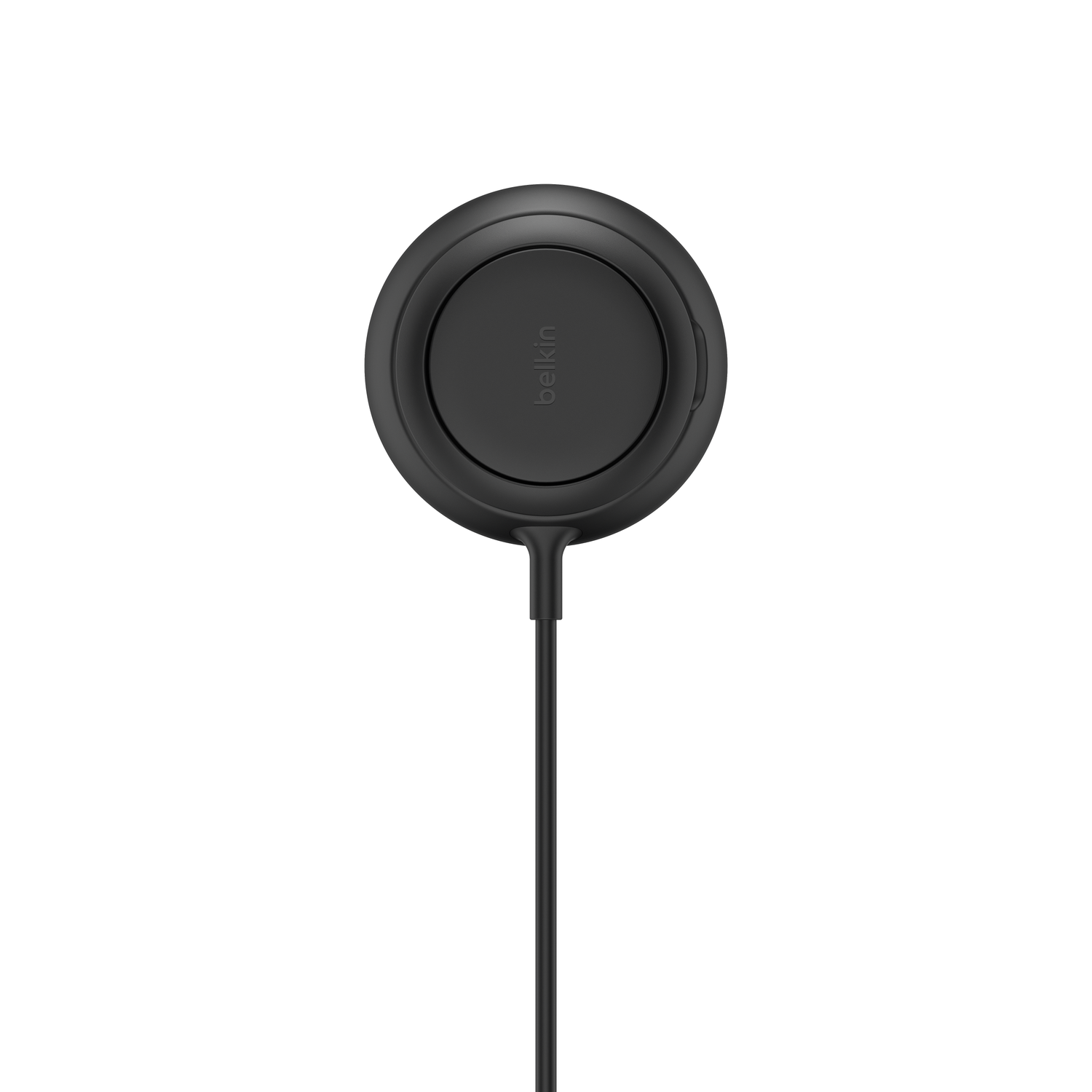 A black Belkin charging pad with a cable on a white background.