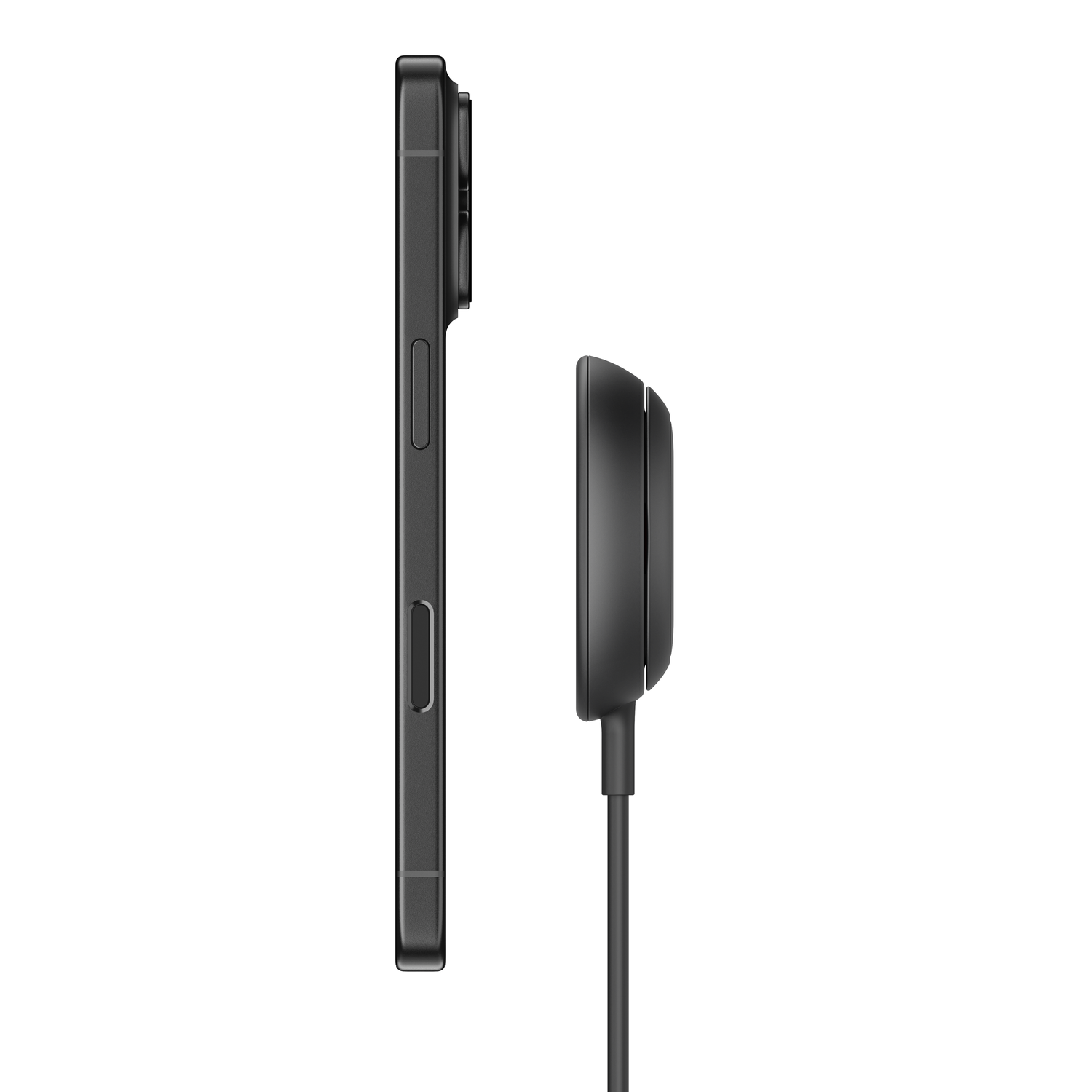 Black smartphone and charger on a white background.