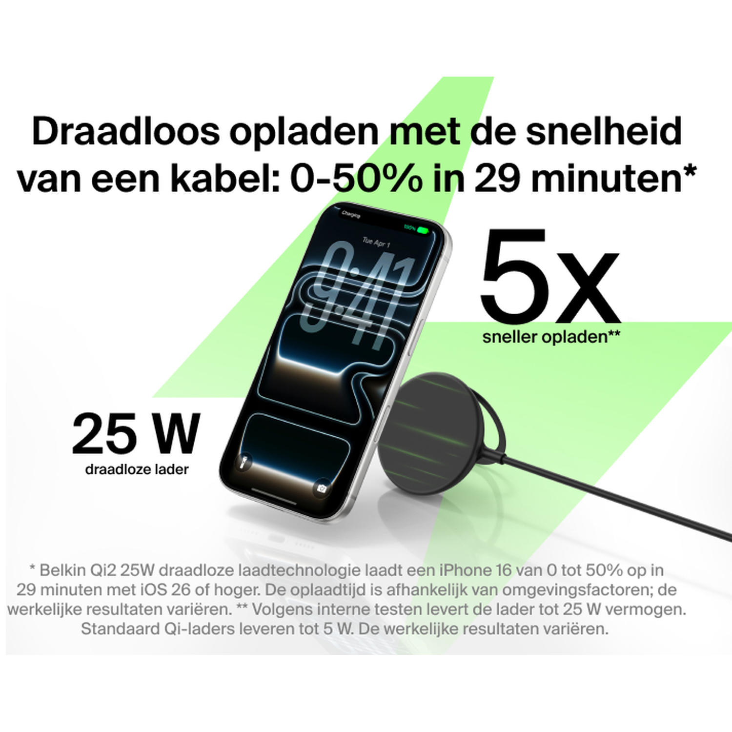 A 25W wireless charger for iPhone, 5x faster charging. Screen shows 41%.