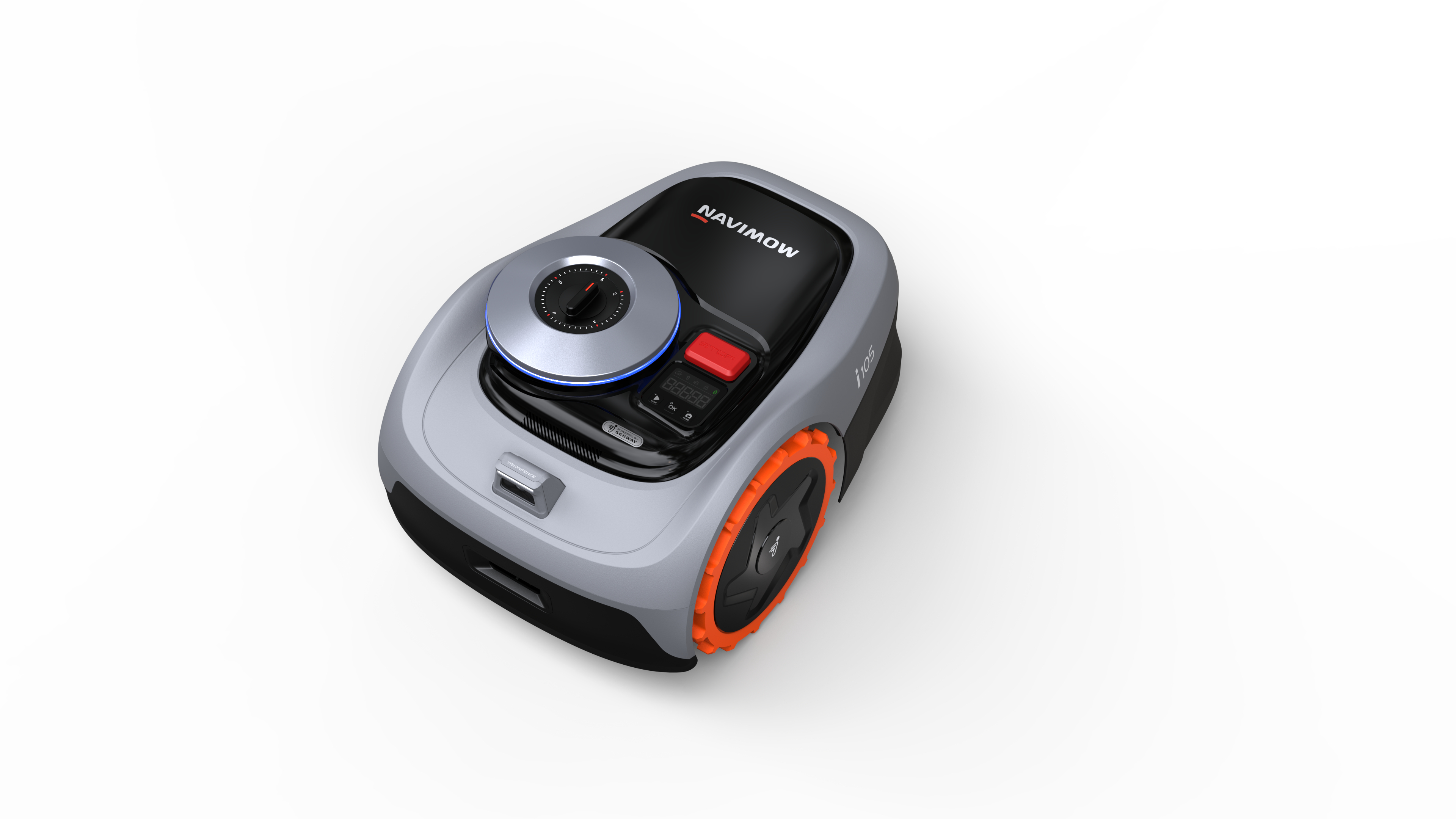 Ein grauer Mähroboter mit orangefarbenen Rädern und einem schwarzen Bedienfeld.